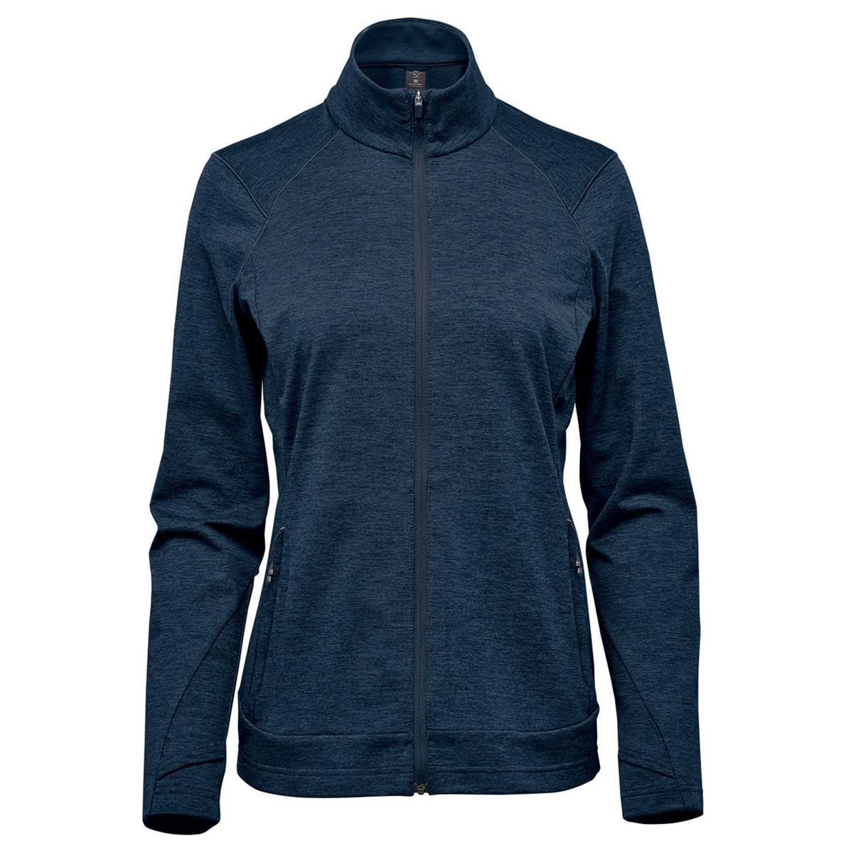A navy women's performance jacket featuring a full zip and a high collar, with two side pockets and a logo. Women's Treeline Performance Jacket - Image 1