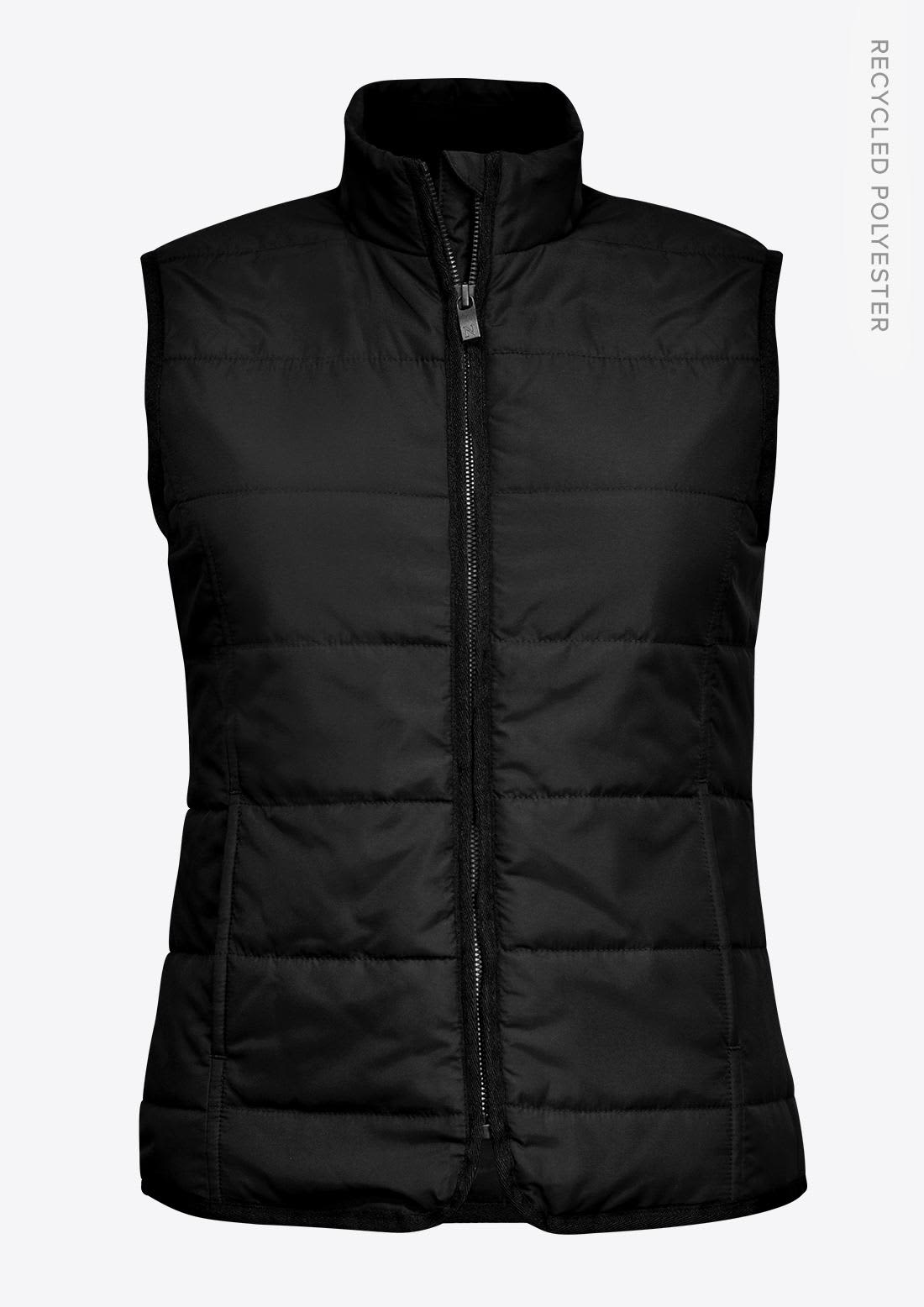 A black women's vest with a zip front and a sleeveless design, featuring a logo. Hudson Women Vest - Image 1