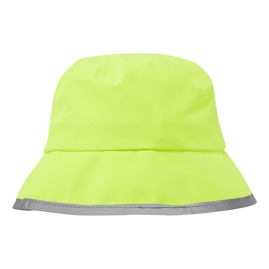 A bright yellow waterproof bucket hat with a grey reflective strip around the brim and a logo on the front. Hi-Vis Waterproof Bucket Hat - Image 1