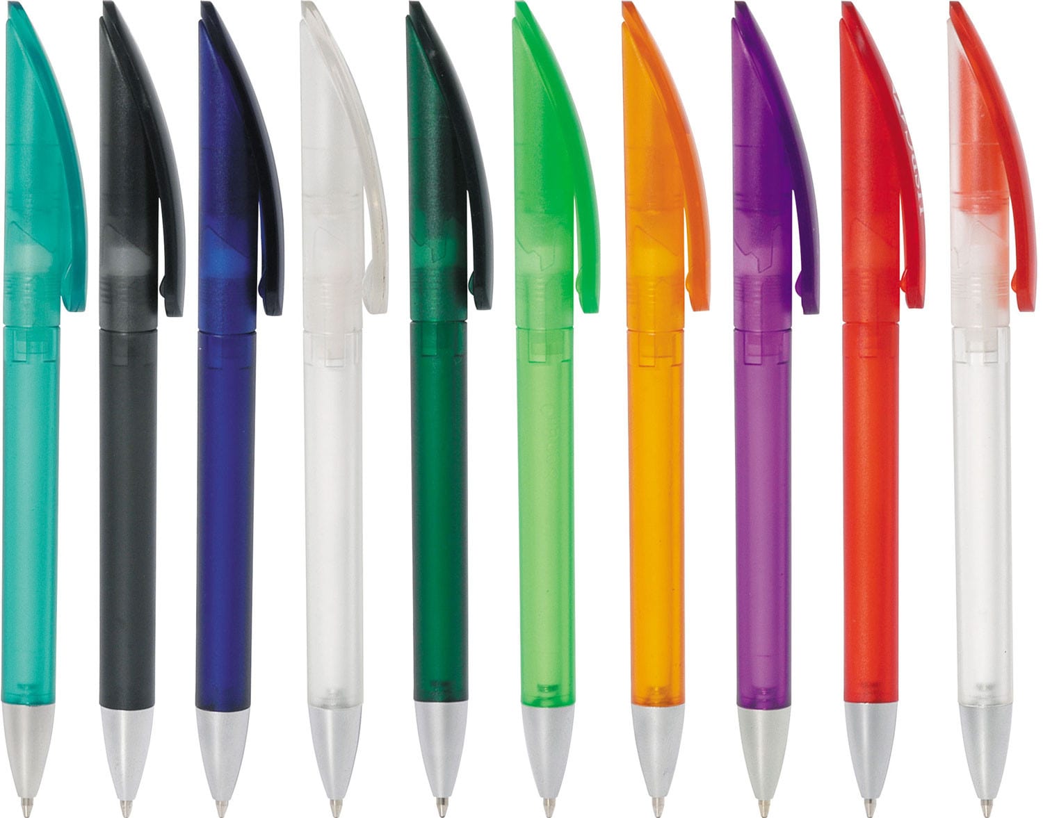 A collection of twist-action plastic pens in various colours, including black, blue, green, purple, orange, and red. NOVA Frosted Twist-Action Plastic Pen - Image 1
