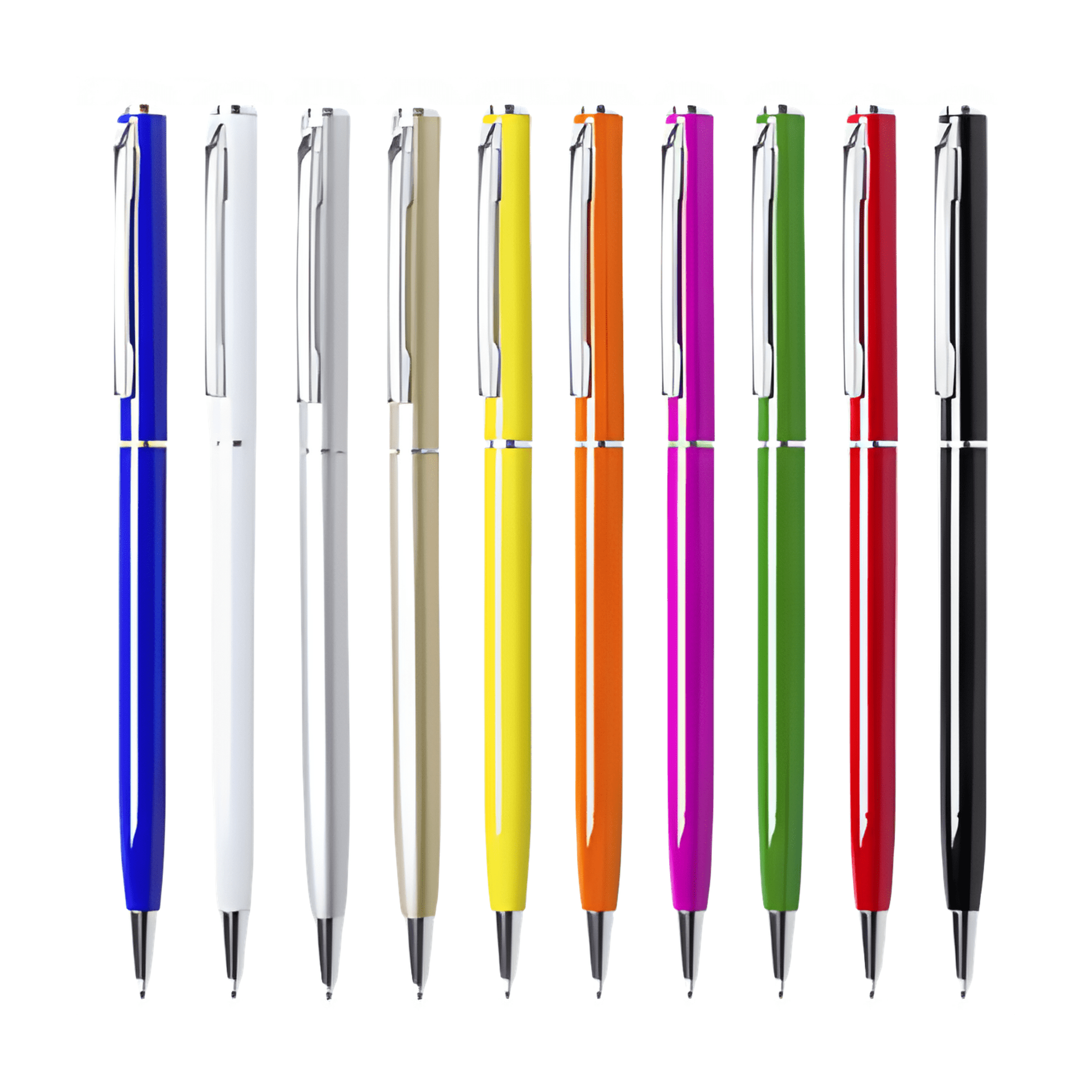 A display of LUXOR glossy aluminium twist-action pens in various colours including blue, white, yellow, and black. LUXOR Glossy Aluminium Twist-Action Pen - Image 1
