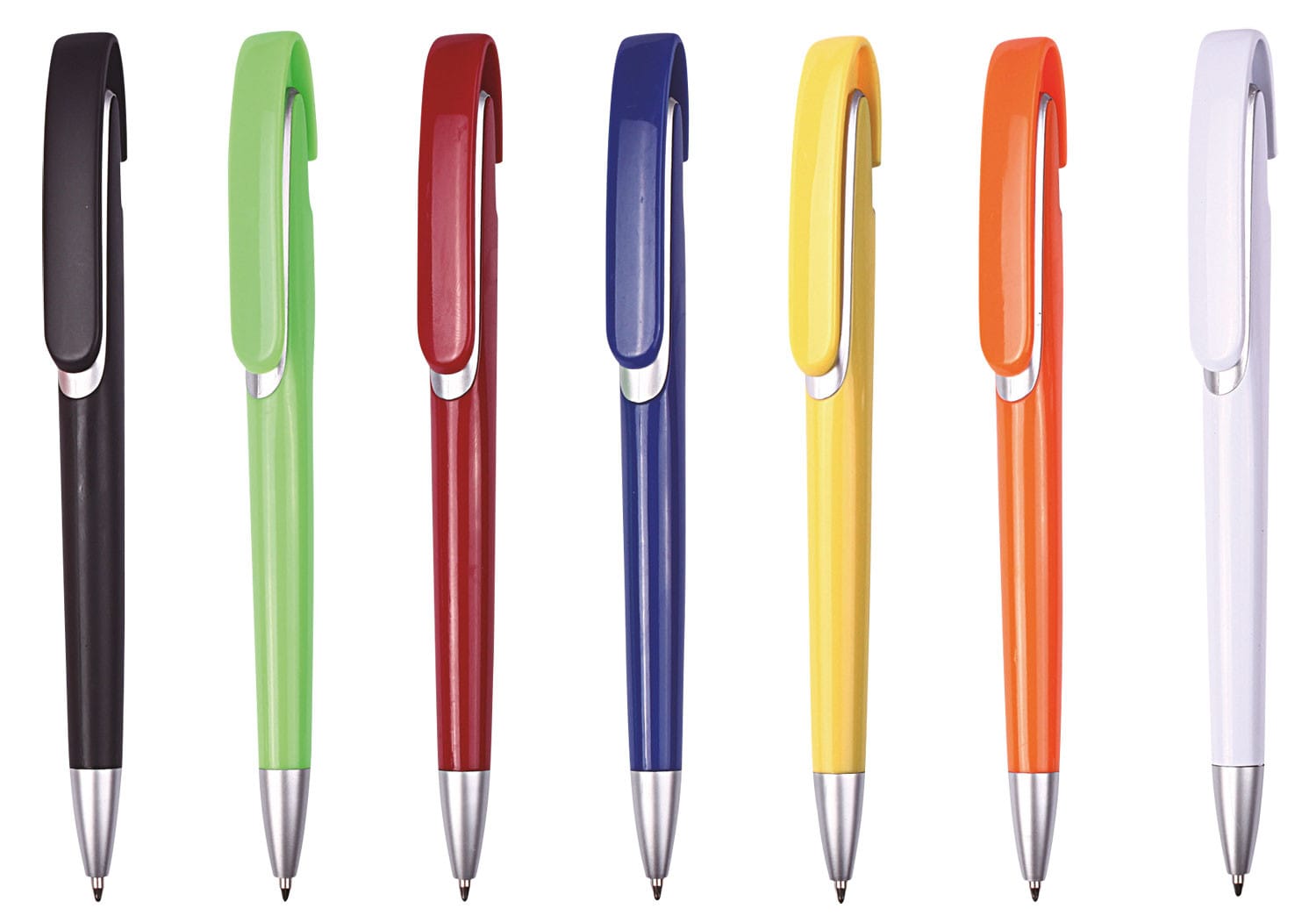 A set of seven push-action plastic ballpoint pens in black, green, red, blue, yellow, orange, and white, each with a clip. EUROPA Push-Action Plastic Ballpen - Image 1