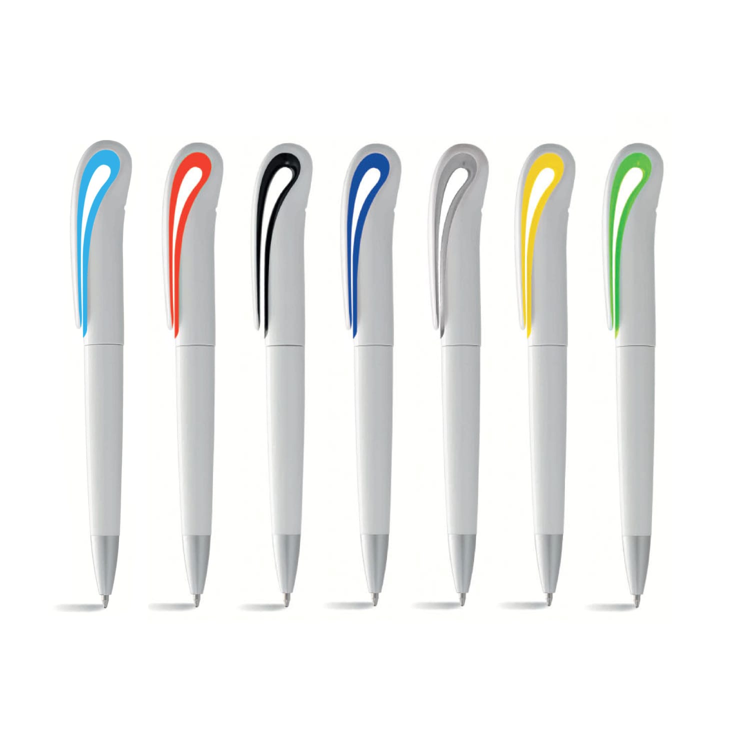 A collection of twist-action ballpoint pens in white with colourful clips in blue, orange, black, blue, yellow, and green. ORION Twist-Action Ballpoint Pen with Styled Clip - Image 1