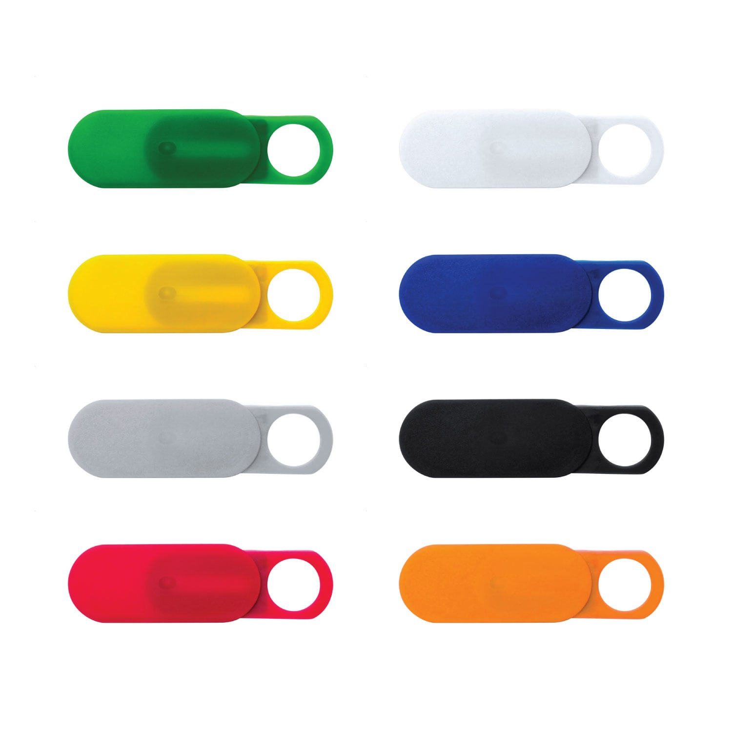A set of sliding webcam blockers in green, white, yellow, blue, grey, black, red, and orange. Each has a circular opening and a logo. ORION Sliding Webcam Blocker - Image 1