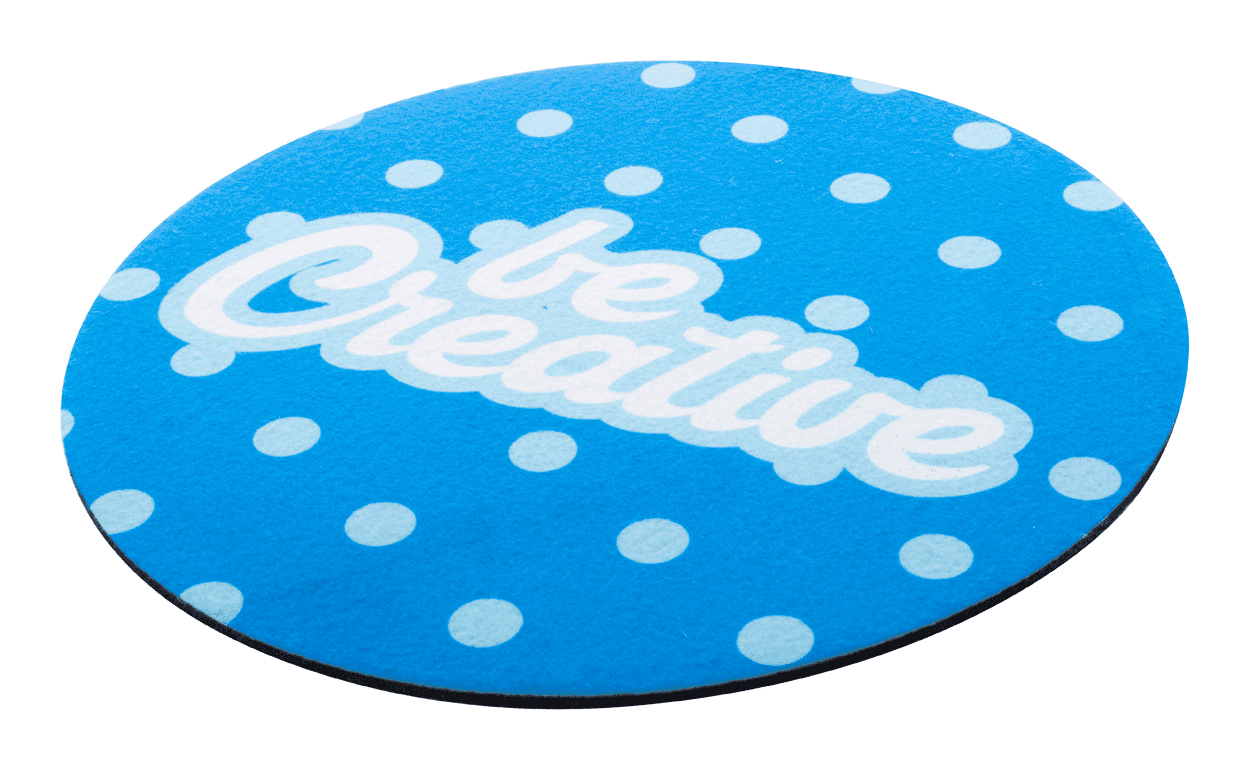 A round blue neoprene mouse pad with white polka dots and a logo featuring the text "be Creative." Round Neoprene Mouse Pad 23cm Dia - Image 1