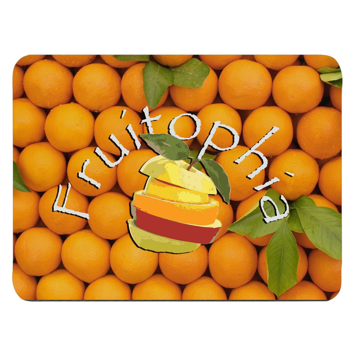 A vibrant orange mouse pad featuring a background of oranges and a colourful fruit-themed logo. Full Colour Hard Mouse Pad With PVC Coating - Image 1