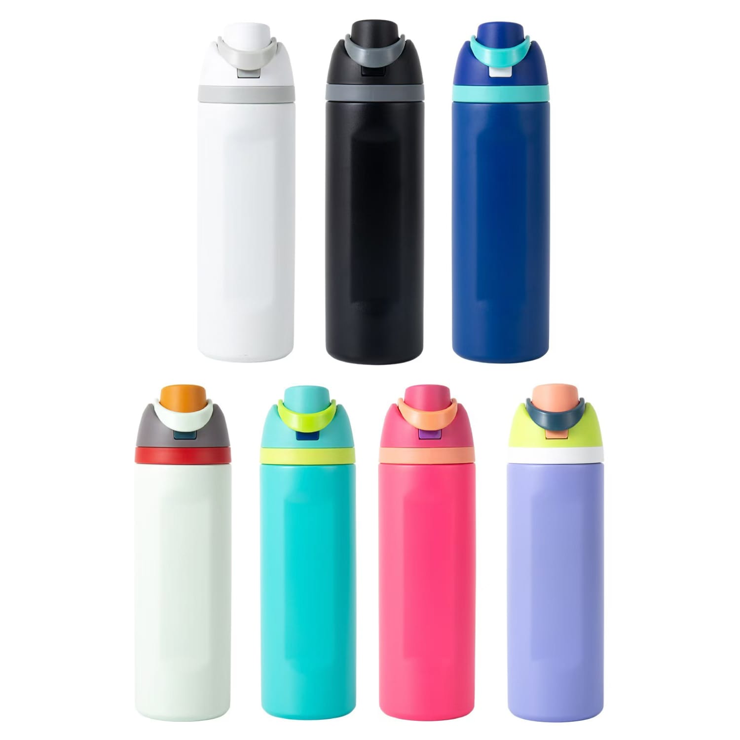 A drink bottle collection featuring eight stainless steel insulated bottles in various colours: white, black, blue, green, pink, and purple, each with a logo. Darby Wells 700ml Stainless Steel Insulated Bottle - Image 1