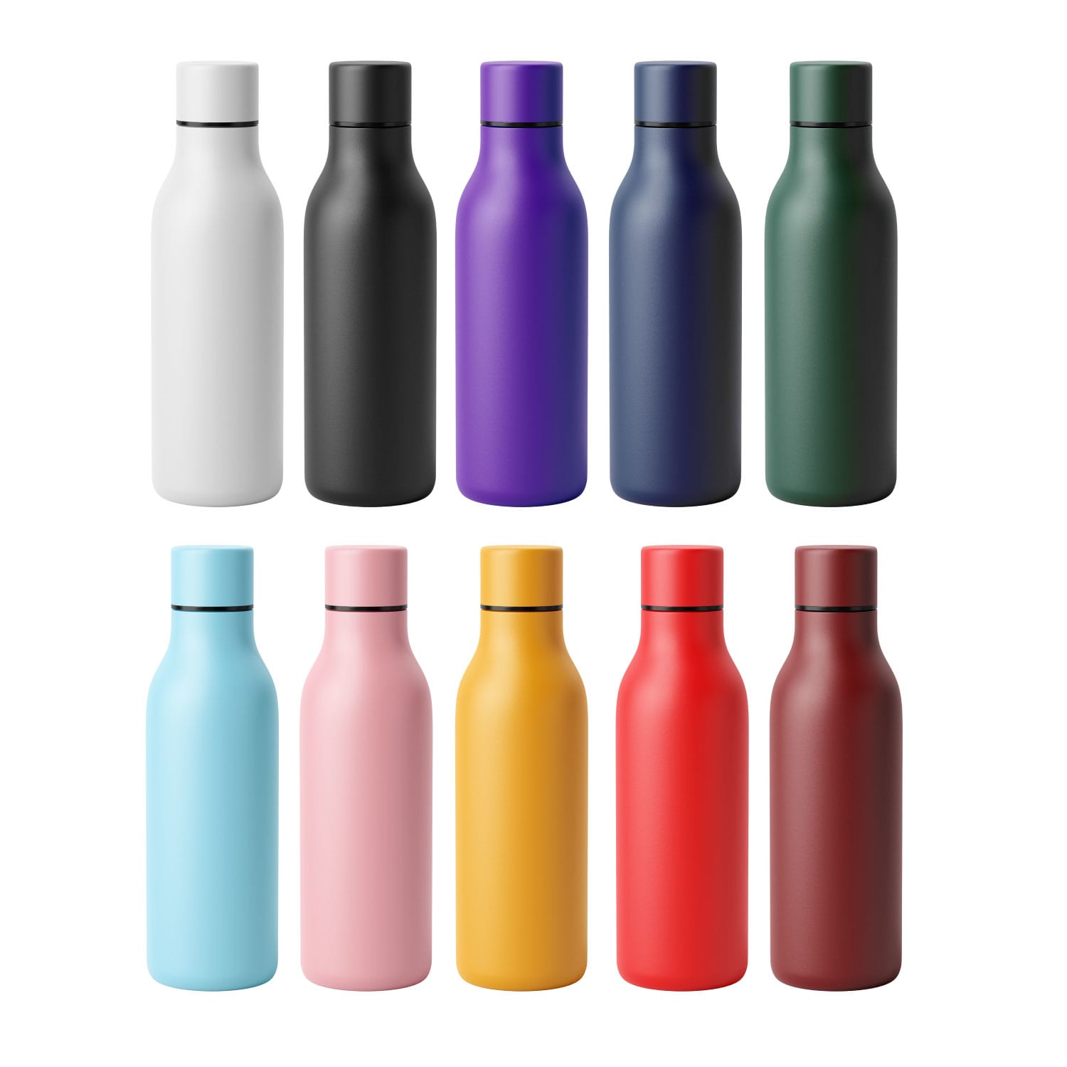 A drink bottle collection featuring white, black, purple, green, blue, pink, yellow, red, and brown bottles. Each has a logo. Emily Bottle – 550ml Thermal Drink Bottle - Image 1