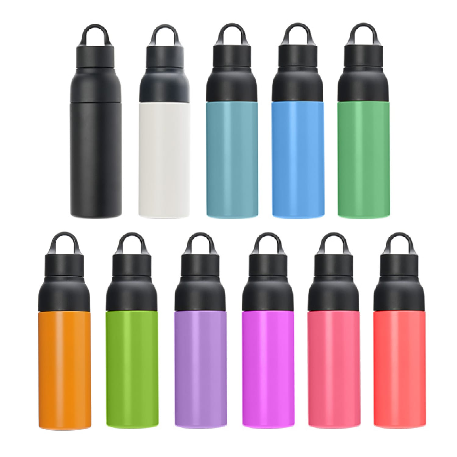 A drink bottle collection featuring black, white, blue, green, orange, purple, pink, and various other colours, with a logo. BOLIVIA 500ml Eco Friendly Double Wall Vacuum Flask - Image 1