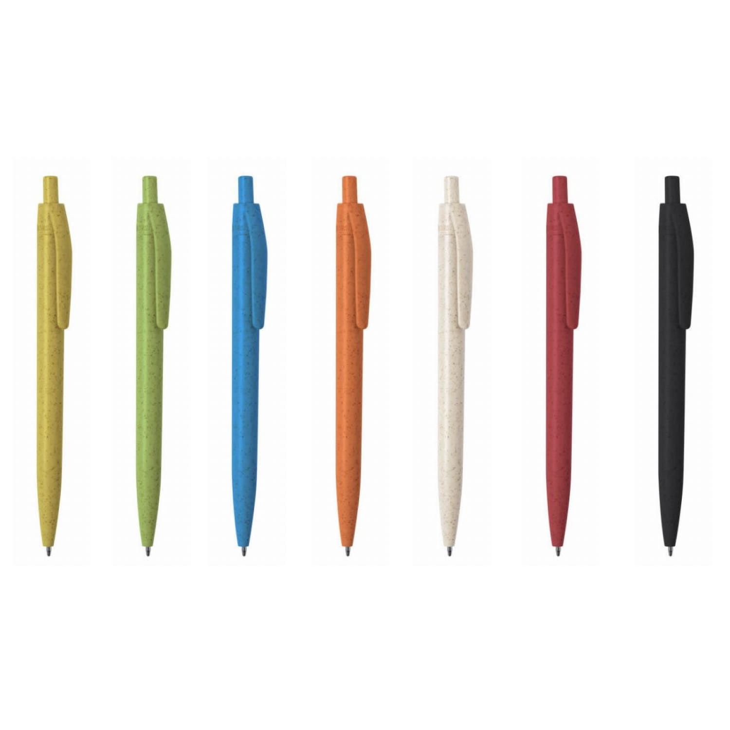 A set of seven push-up ball pens in various colours: green, blue, orange, cream, red, and black, each with a logo. VENUS Wheat Straw Push-Up Ball Pen - Image 1