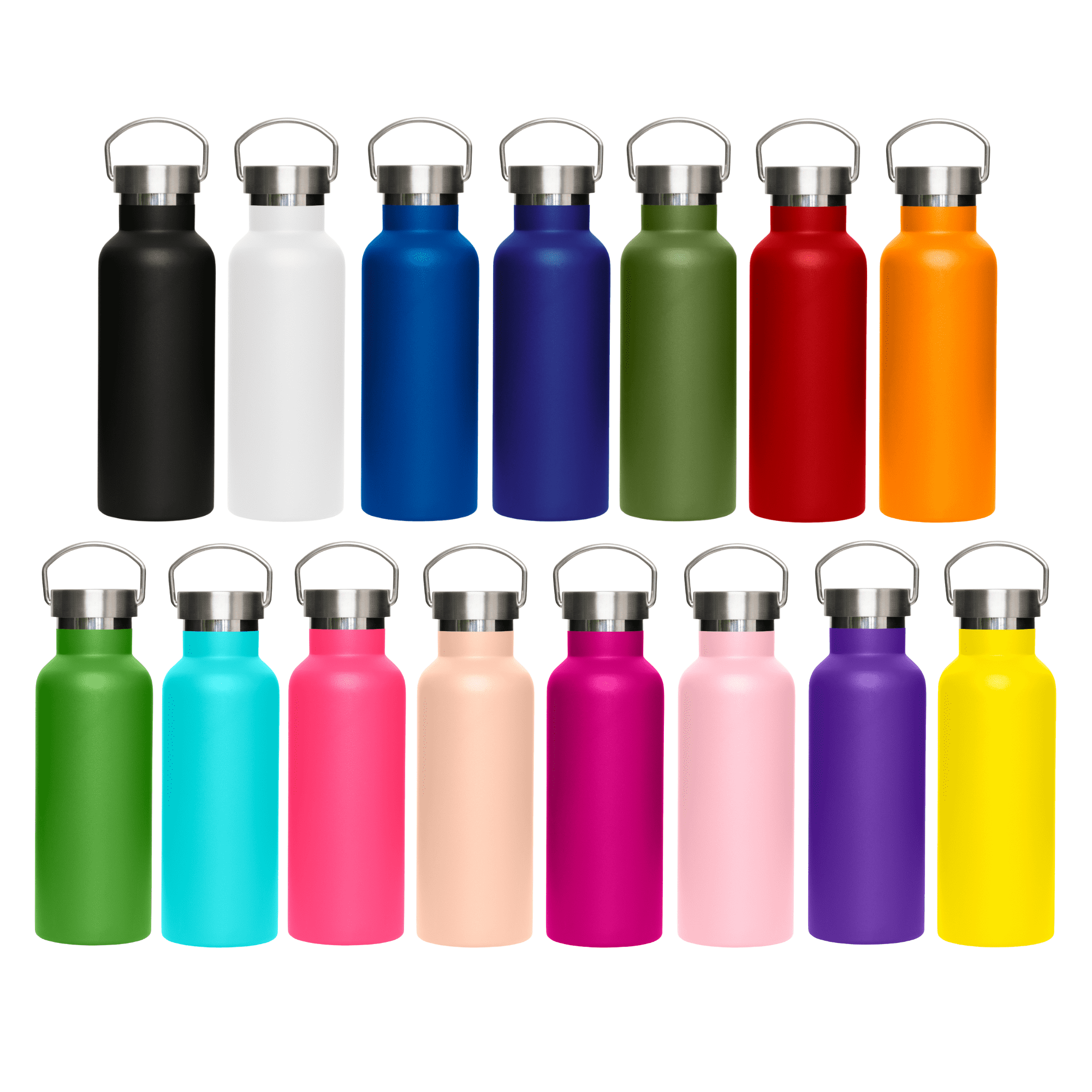 A drink bottle collection featuring various colours: black, white, blue, green, red, orange, pink, and purple, with metal lids. Titan 600ml Bottle with Metal Lid - Image 1