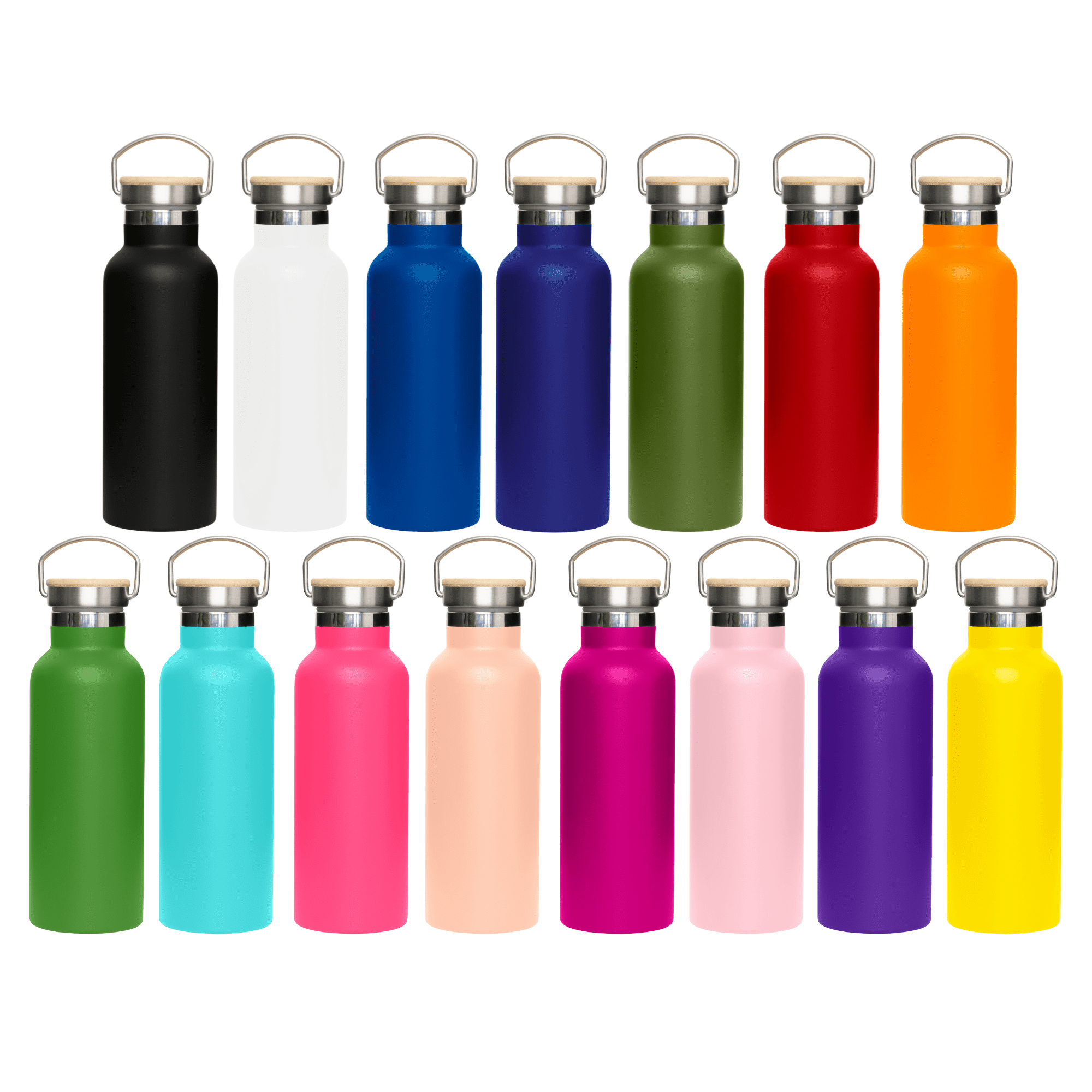 A drink bottle collection featuring various colours, including black, white, blue, green, red, pink, and purple, with metal lids. Titan 600ml Bottle with Bamboo Lid - Image 1