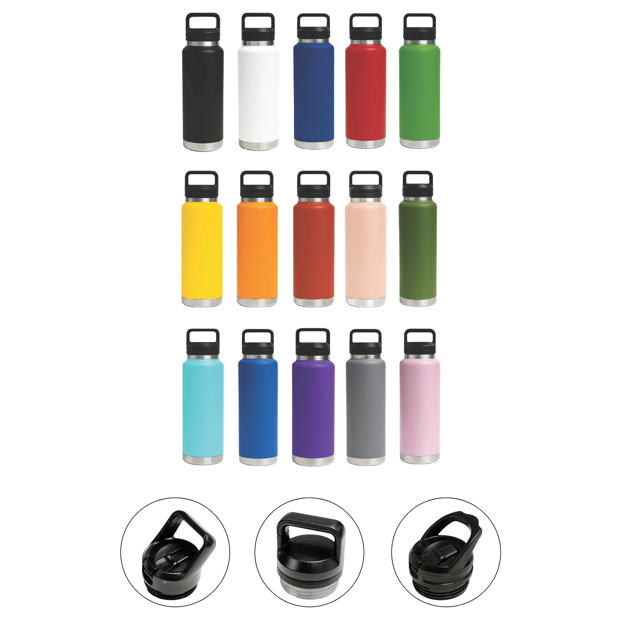 A drink bottle collection featuring various colours including black, white, red, green, and orange, with multiple lid options. HYDRO - 1L Vacuum Bottle - 3 Different Lid Options - Image 1