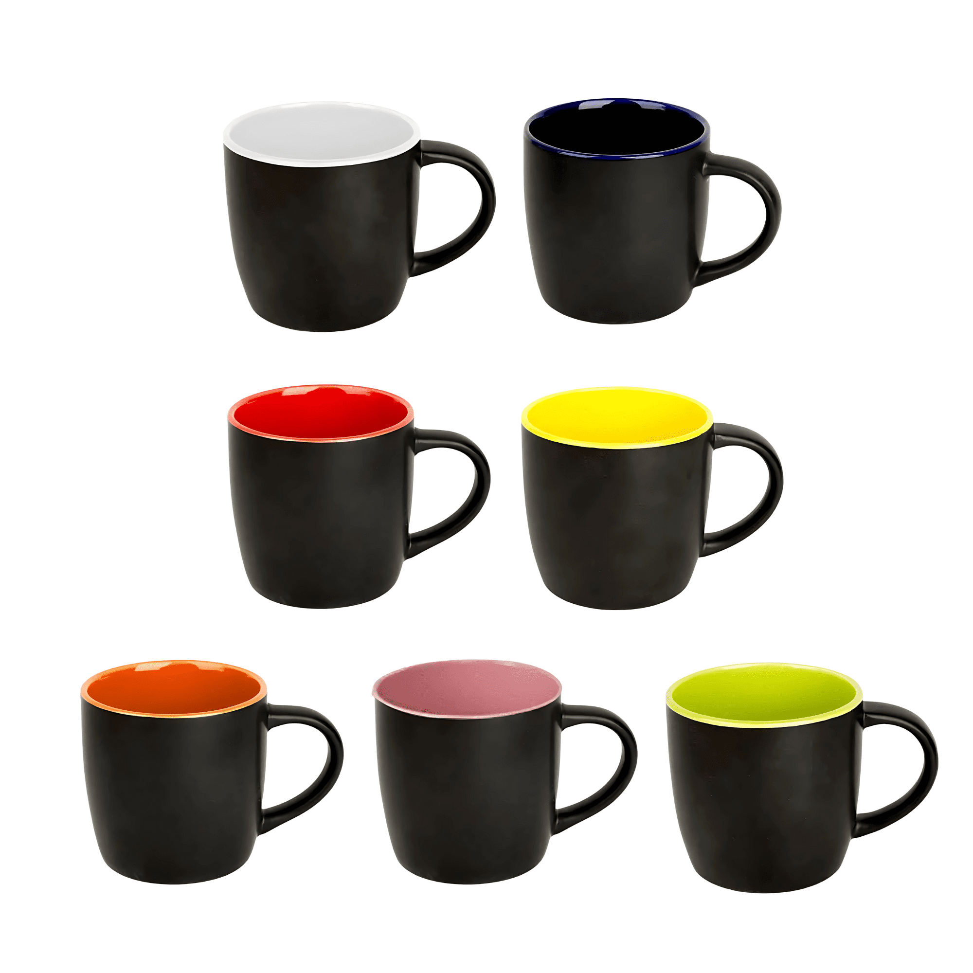 A set of black coffee mugs with coloured interiors in orange, red, yellow, pink, and green; featuring a logo. 350ml Inside Coloured Coffee Mug - Image 1