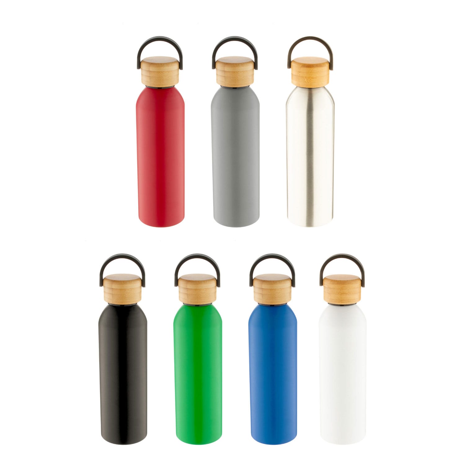 A drink bottle collection featuring red, grey, silver, black, green, blue, and white aluminium bottles with wooden lids and logos. Dynamo 600ml Aluminium Bottle - Image 1