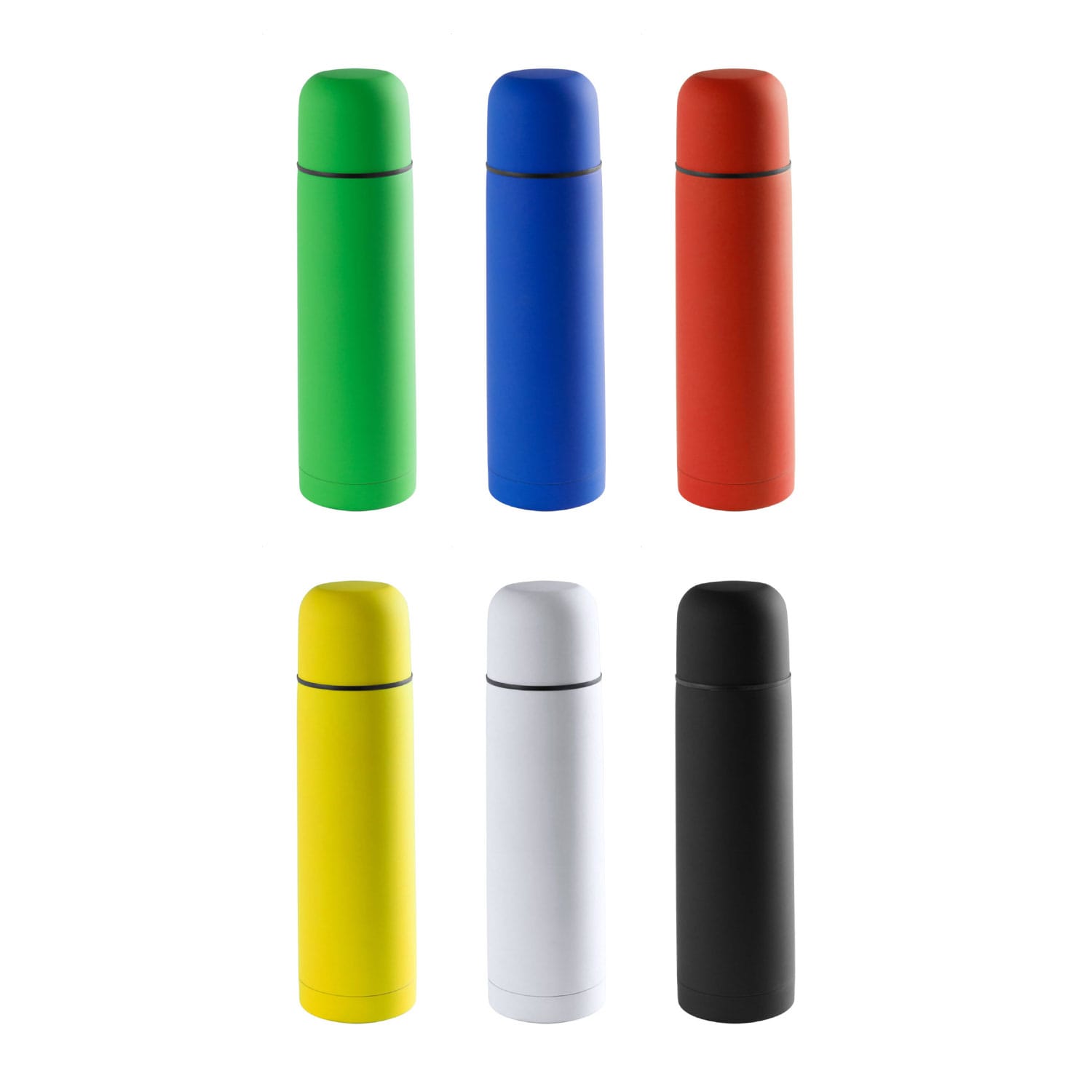 A drink bottle set featuring vacuum flasks in green, blue, red, yellow, white, and black. Each has a logo. Power 500ml Vacuum Flask - Image 1