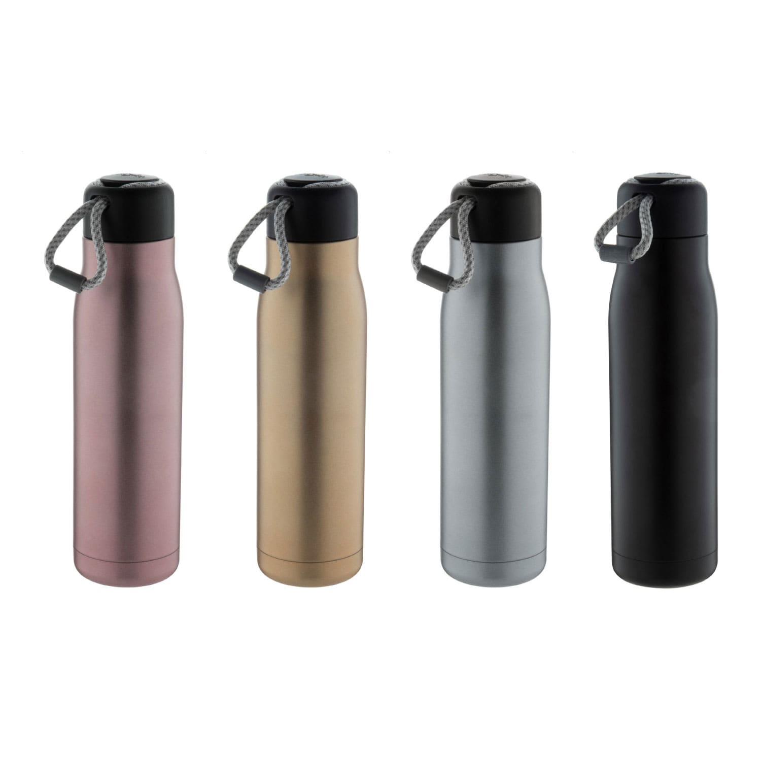 A drink bottle set featuring four vacuum flasks in rose pink, gold, silver, and black, each with a handle and lid. Cyclone 500ml Vacuum Flask - Image 1