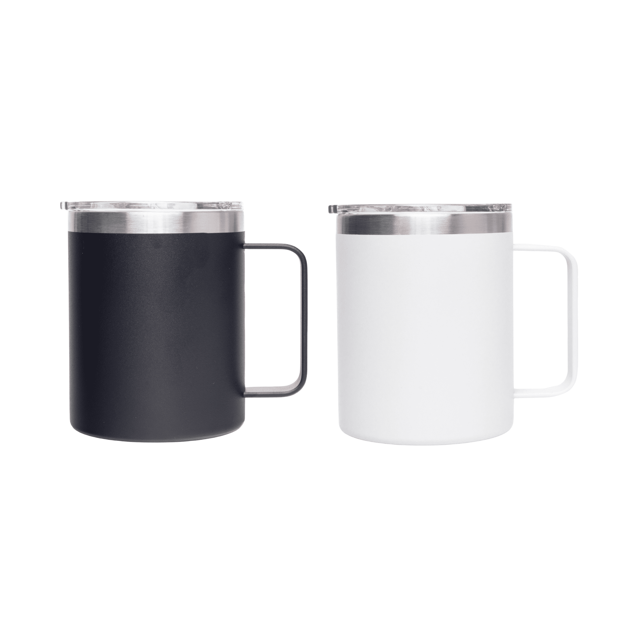 A drinkware set featuring two 350ml coffee mugs, one black and one white, each with a stainless steel lid and handle. Crest 350ml Coffee Mug - Image 1