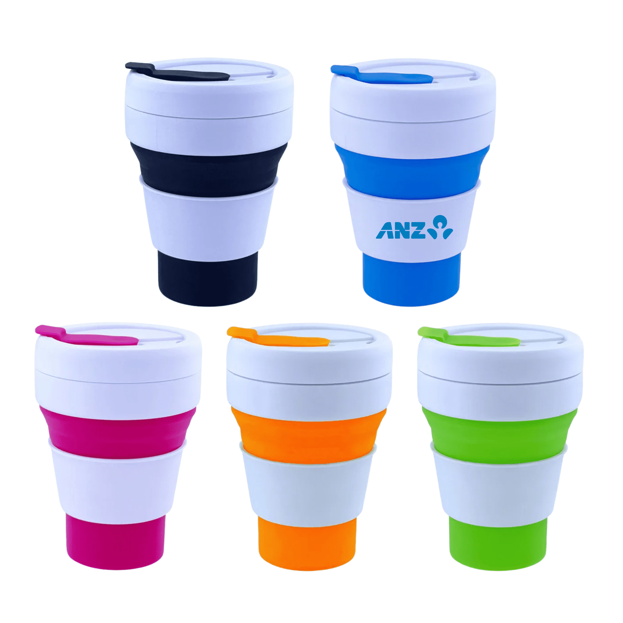 A set of five collapsible silicone cups in black, blue, orange, green, and pink, each with a white lid and logo. Collapsible Sillicone Cup -355ml - Image 1