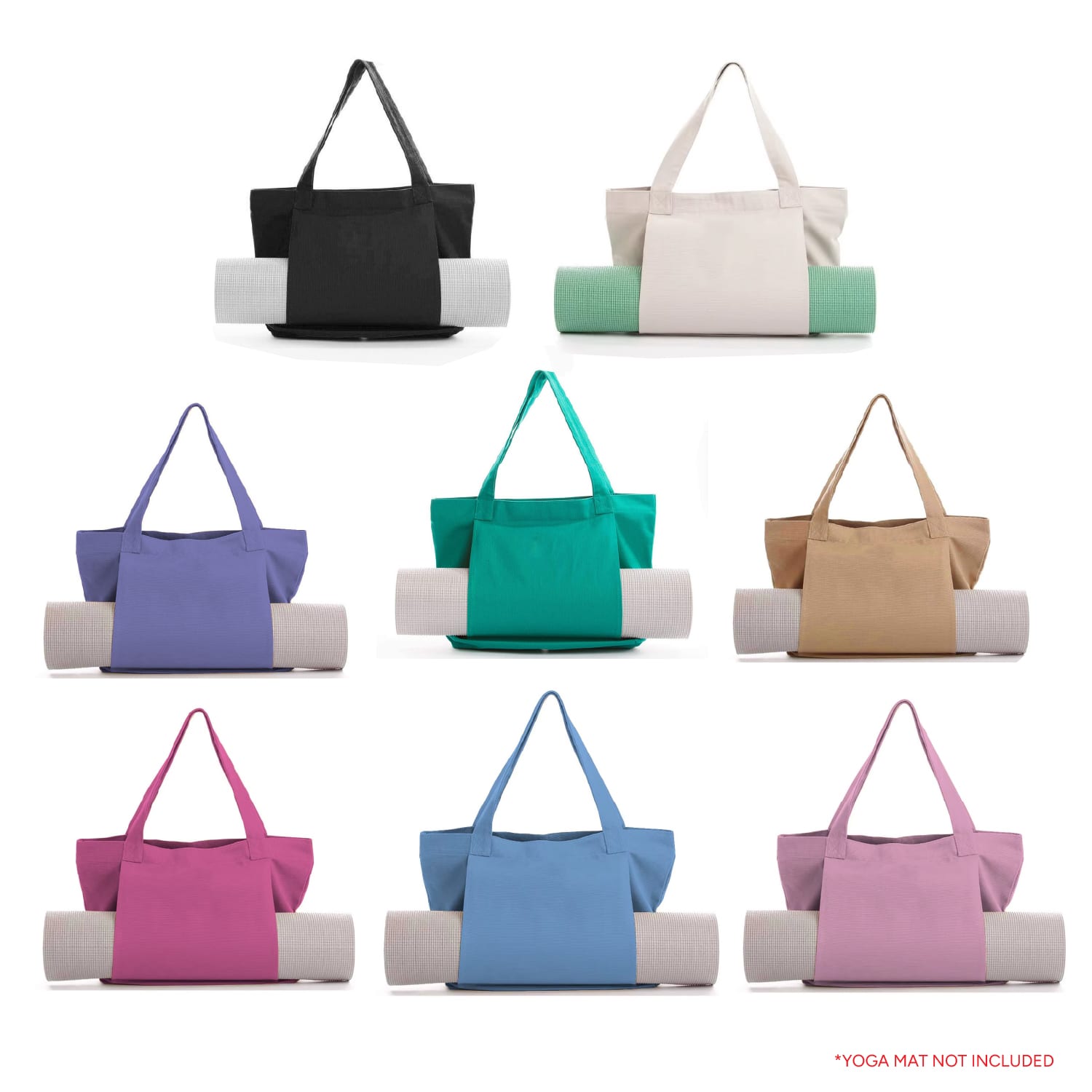 A collection of canvas bags in black, cream, teal, purple, beige, green, pink, and blue, holding a rolled yoga mat. EMMANUEL Yoga Mat Canvas Bag - Image 1