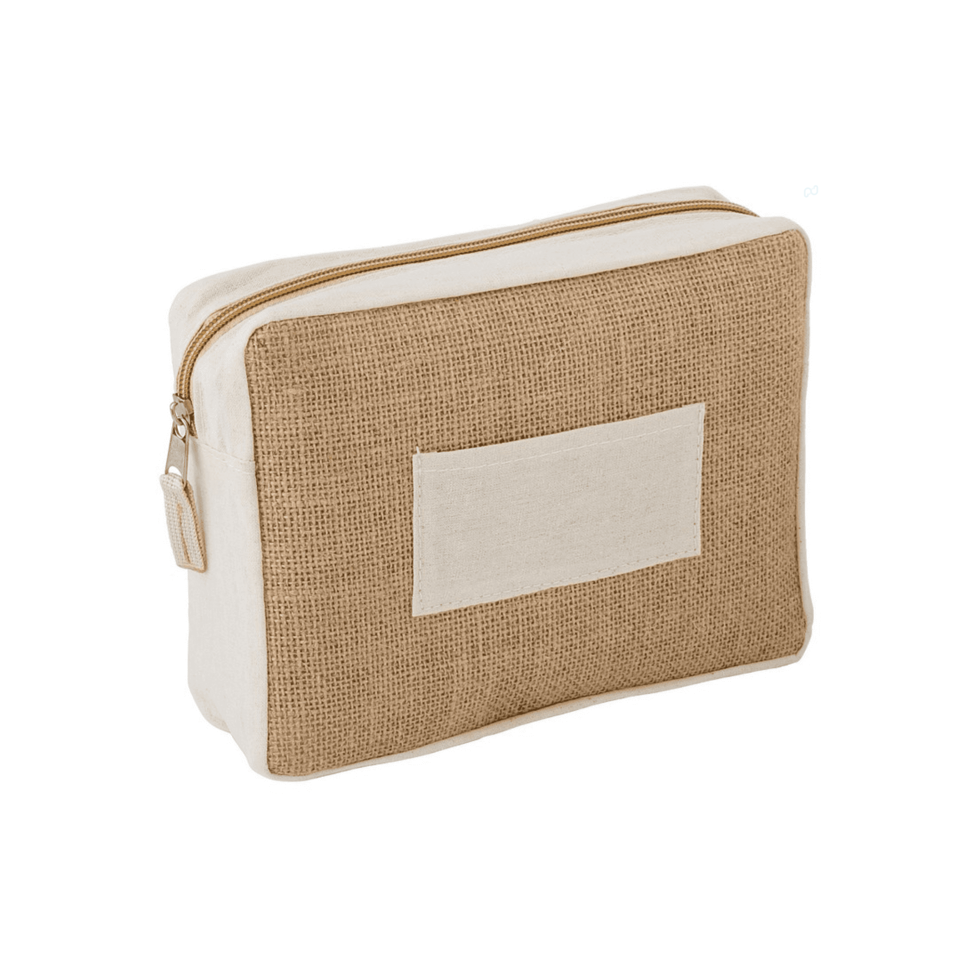 A jute cosmetic bag featuring a natural jute front and a cream canvas back, complete with a zipper and branding. Jute Cosmetic Bag - Image 1