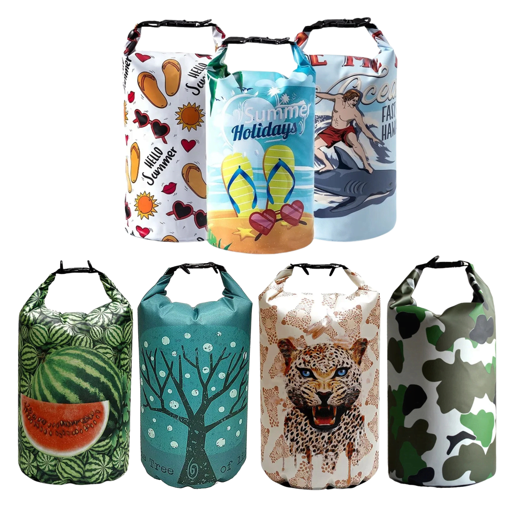 A collection of five brightly coloured 5L sublimated waterproof dry bags featuring various artistic designs and a logo. 5L Sublimated Waterproof Dry Bag - Image 1