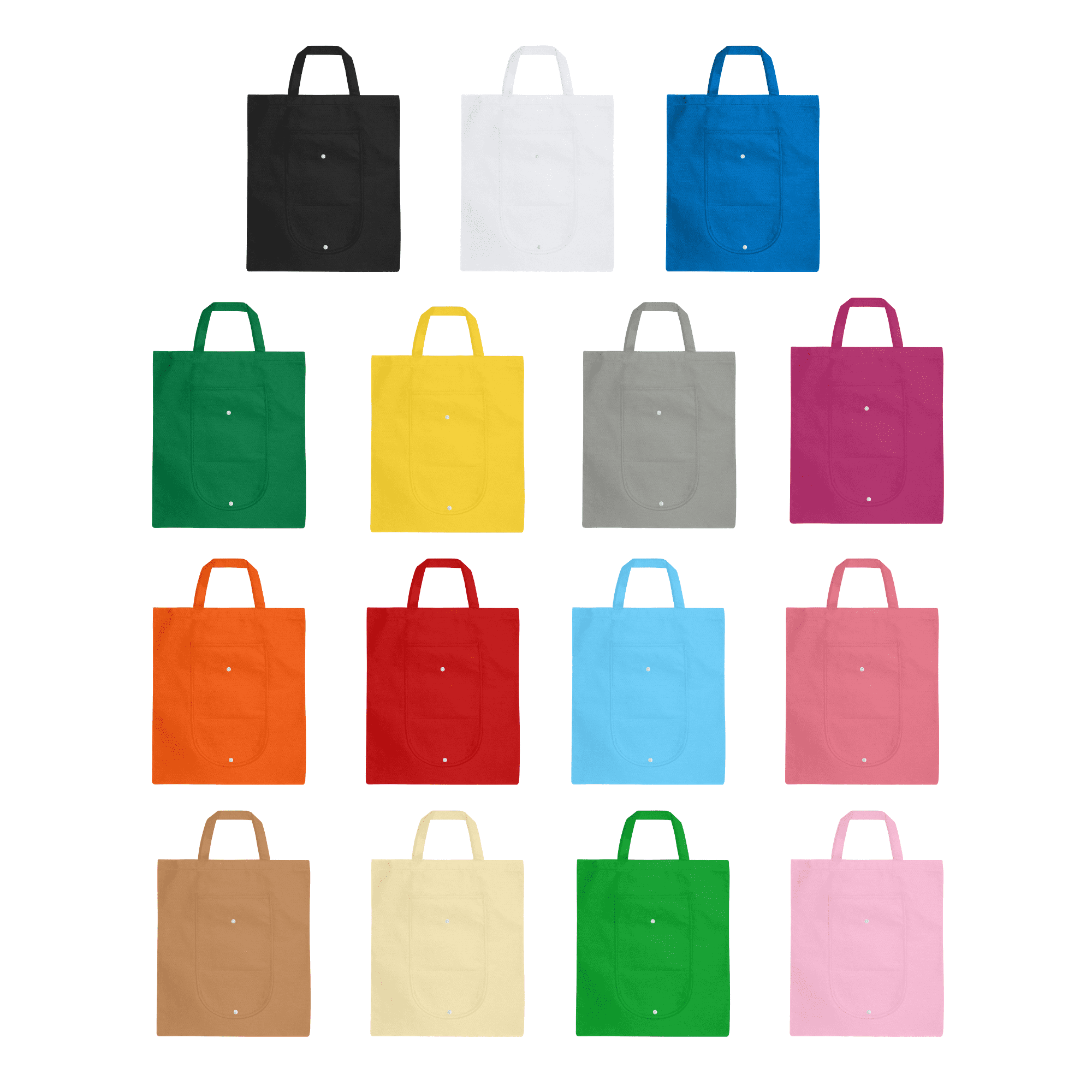 A collection of foldable non-woven shopping bags in various colours, including black, white, yellow, orange, and pink, with handles. Foldable Non-Woven Shopping Bag - Image 1