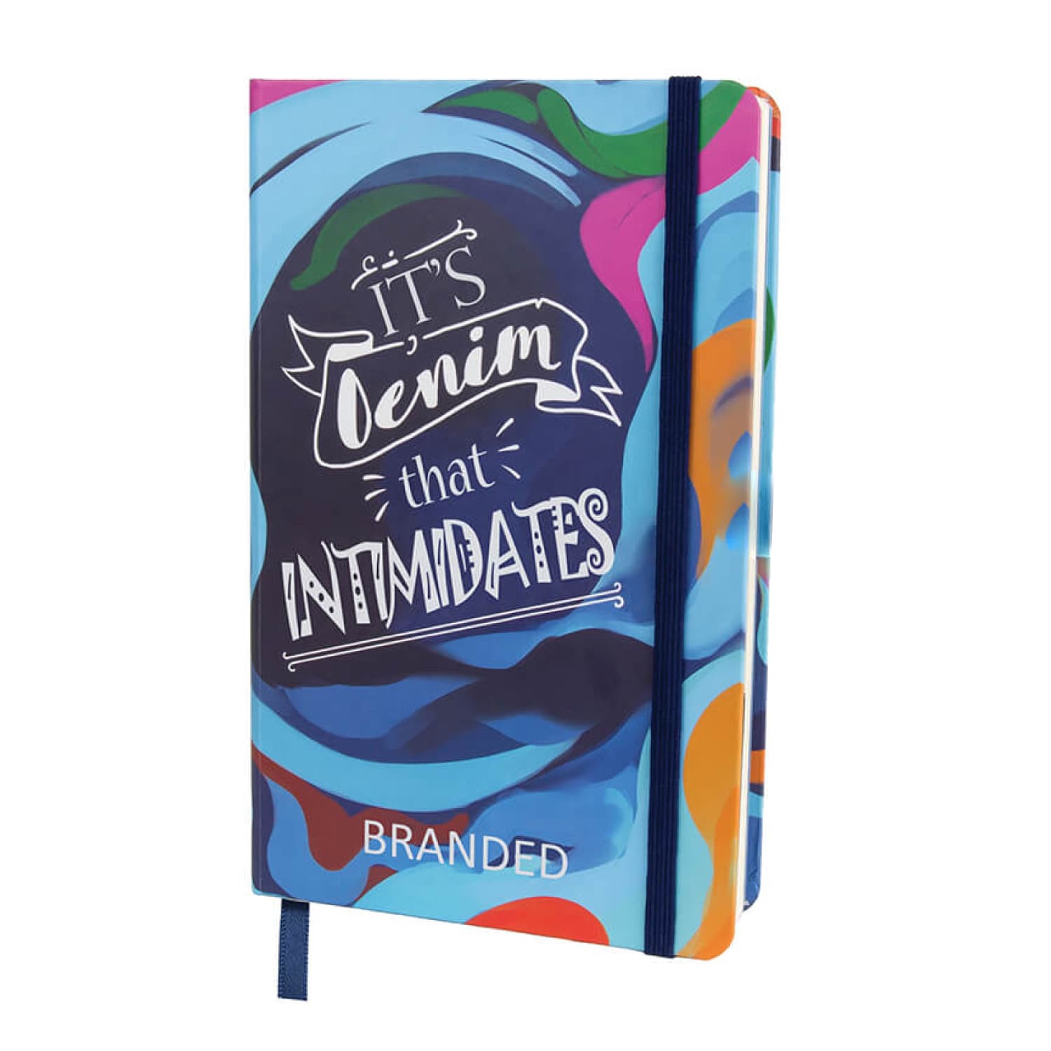 A5 full colour hard cover notebook featuring a vibrant swirl design and an elastic closure. Includes branding. A5 Full Colour Hard Cover Notebook - Image 1
