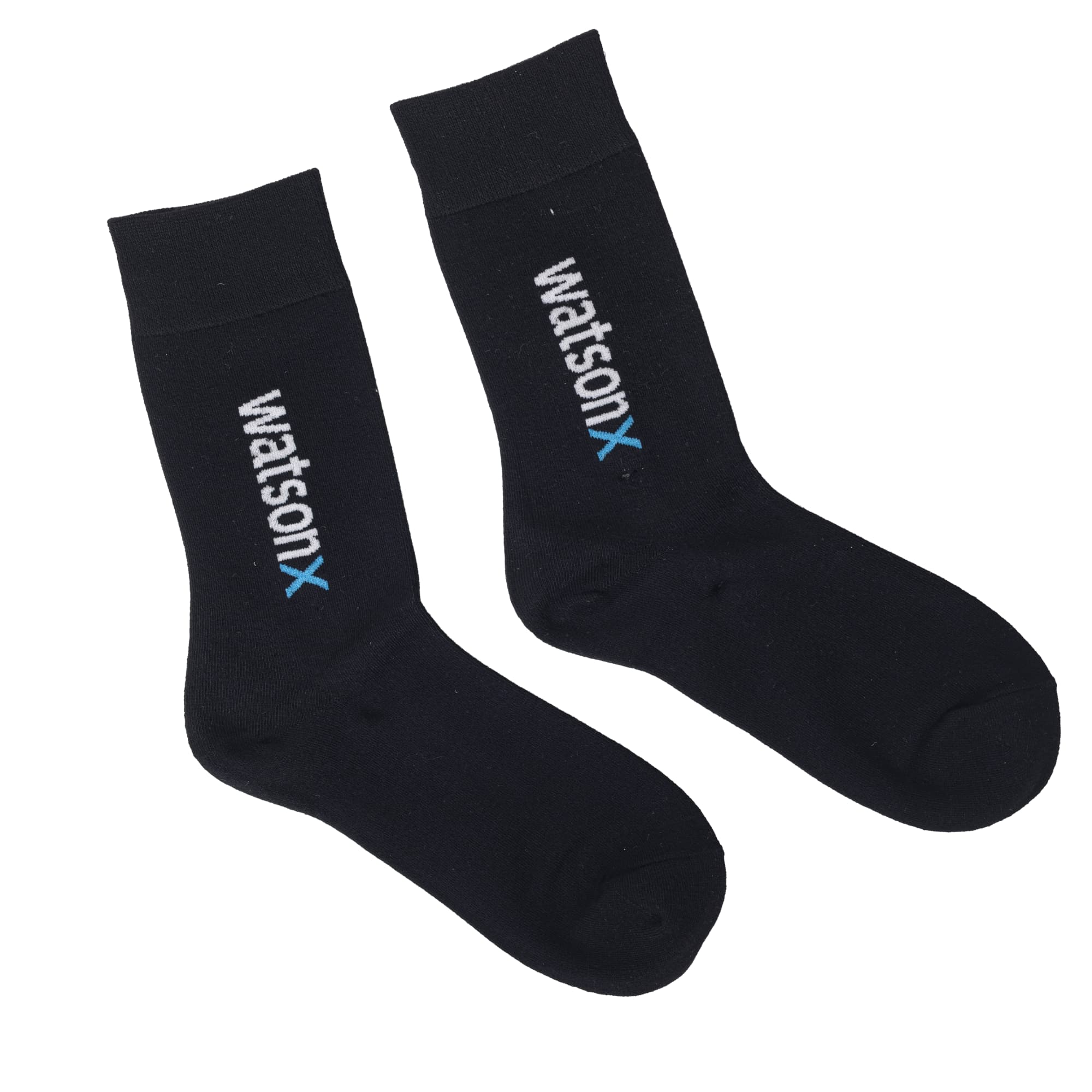 A pair of black socks featuring a logo in white and light blue. The socks are ankle-length. Snazzy Bamboo Socks - Image 1