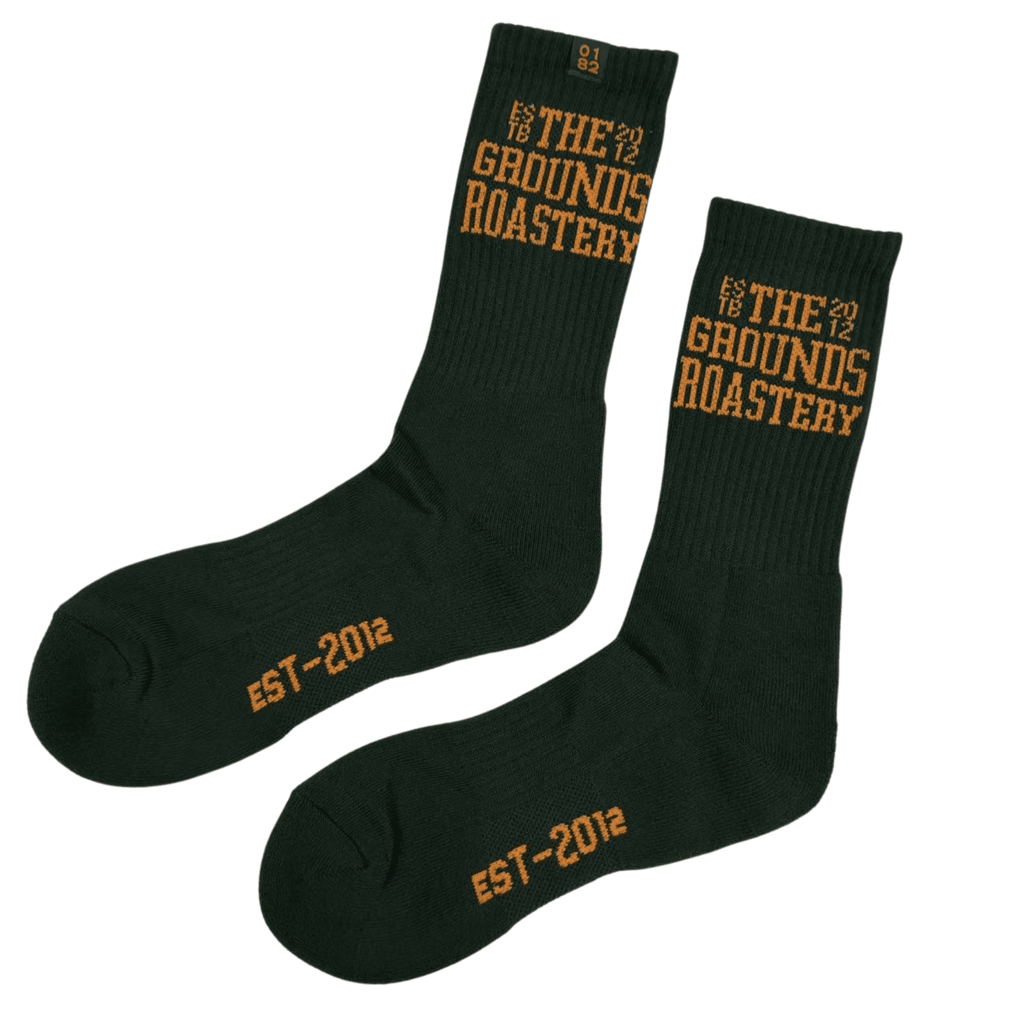 A pair of dark green socks with orange text, featuring branding and establishment year details. Snazzy Premium Crew Socks - Image 1