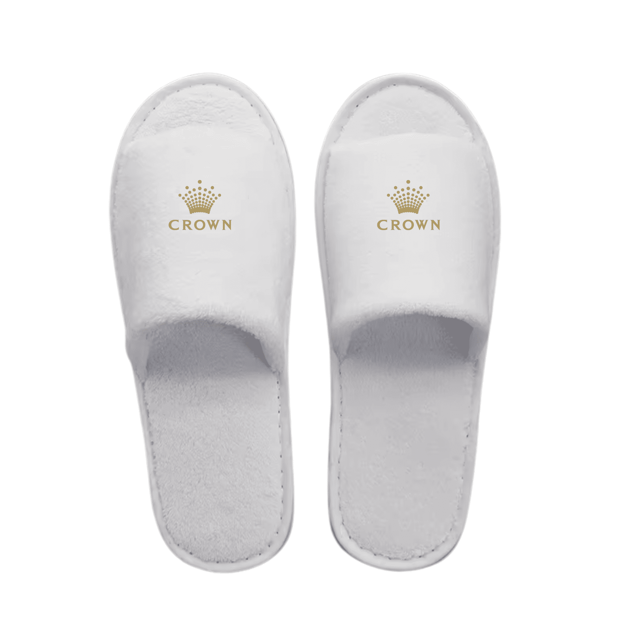 White open toe hotel slippers featuring a logo on the upper. Soft, plush material with a textured sole. Crown Open Toe Hotel Slippers - Image 1