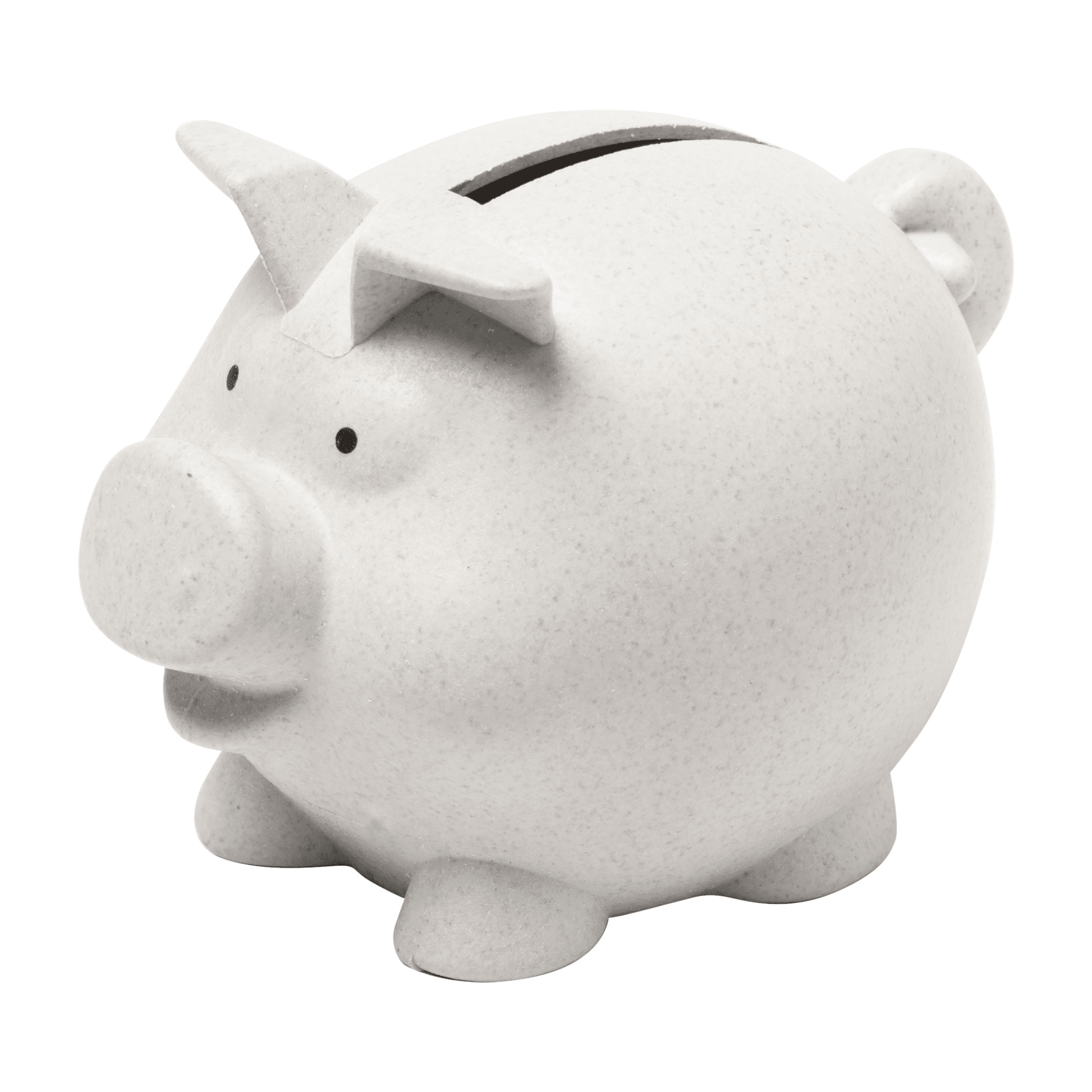 A white piggy bank with a smooth, rounded shape and small ears and feet, featuring a coin slot on top. Coiny Piggy Bank - Image 1