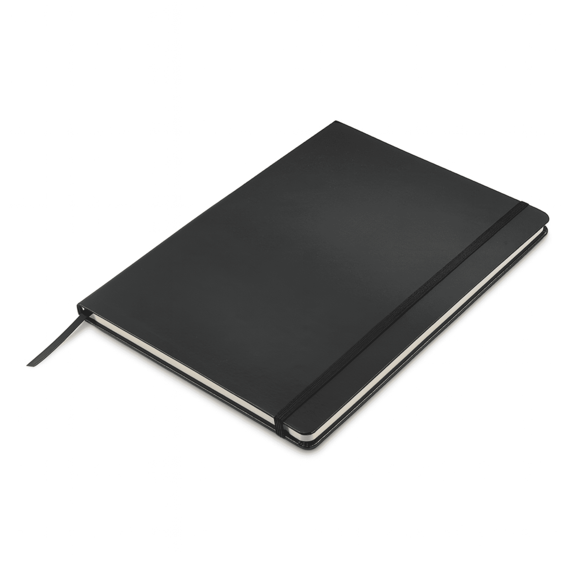 A black A4 hard cover notebook with an elastic strap and ribbon bookmark, featuring a branded logo. Fourth Estate A4 Hard Cover Notebook - Image 1