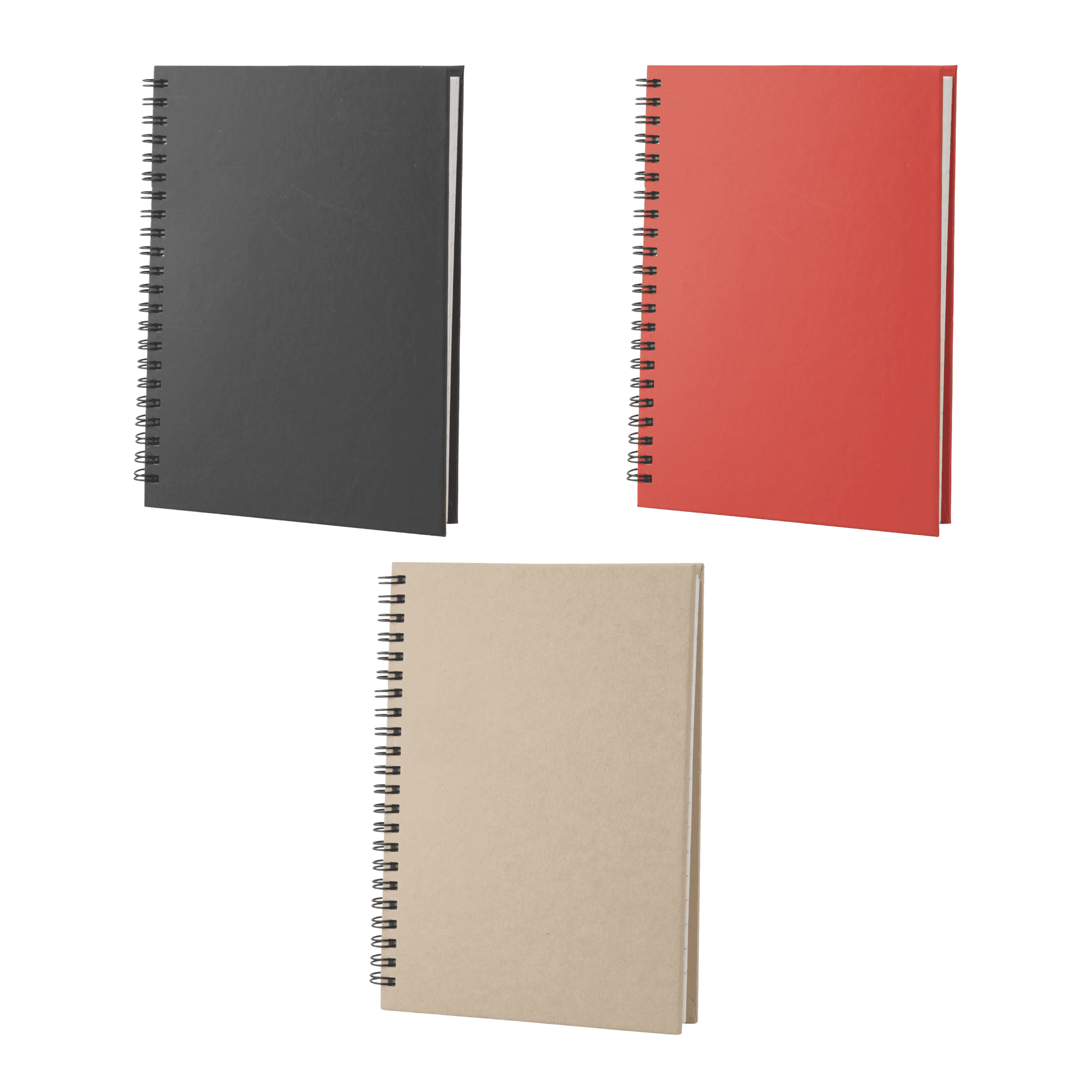 A set of three Gulliver A5 spiral bound notebooks in black, red, and beige, featuring a logo on the cover. Gulliver A5 Spiral Bound Notebook - Image 1