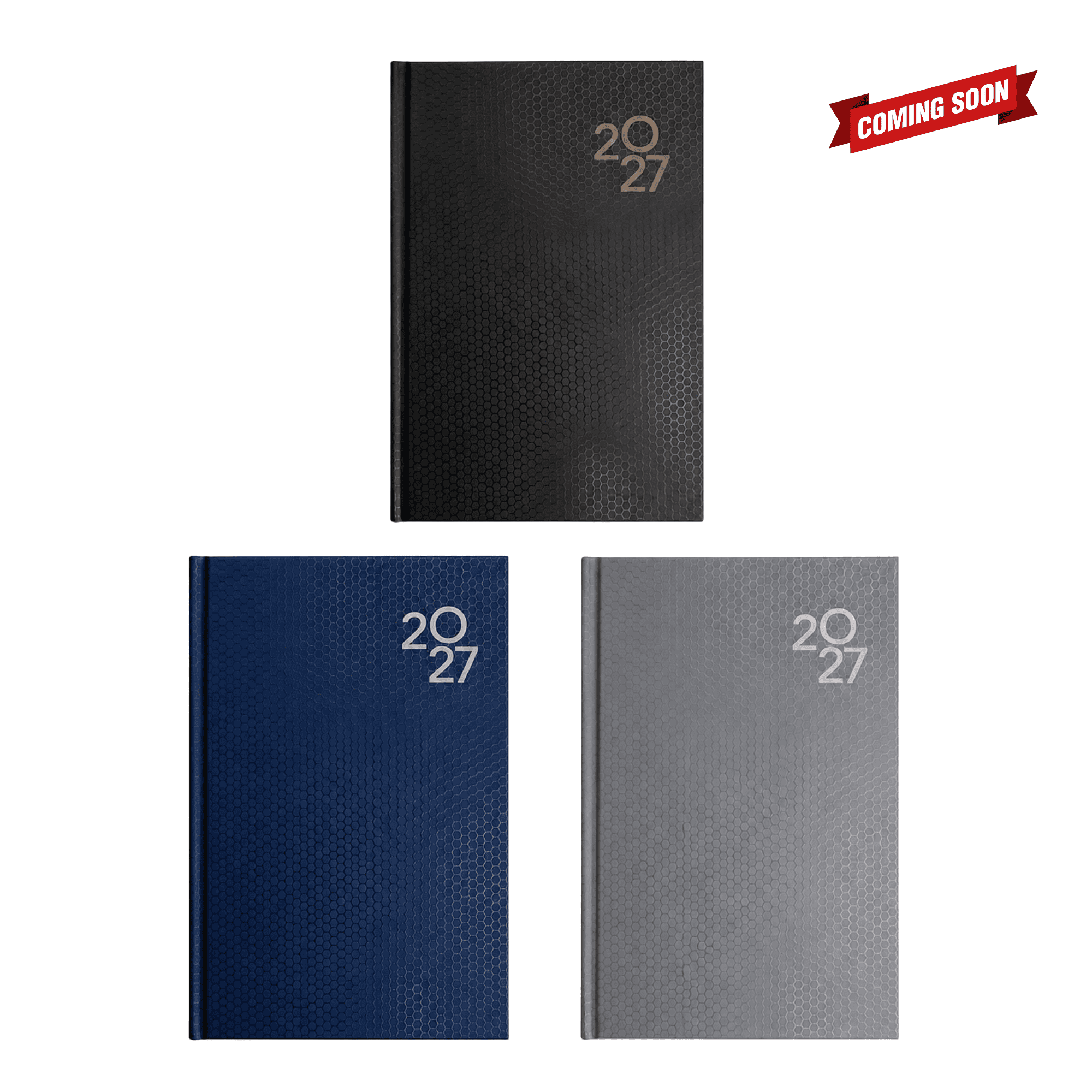 A set of three A5 diaries in black, navy, and grey, featuring a textured cover and a logo. Penguin A5 Day to Day Diary - Image 1