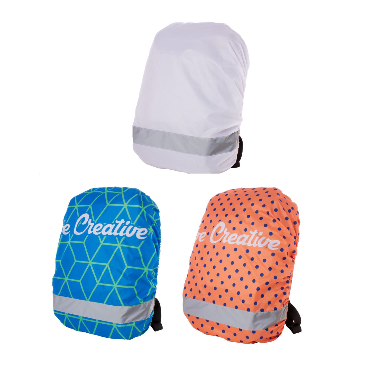 AERO Custom Reflective RPET Backpack Covers in white, blue geometric, and orange polka dot designs with reflective accents. AERO Custom Reflective RPET Backpack Cover - Image 1