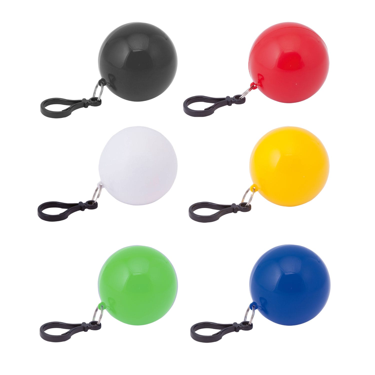 A set of six keyrings in black, red, white, yellow, green, and blue, each shaped like a ball with a strap. ORBIT Poncho in Ball Keyring - Image 1