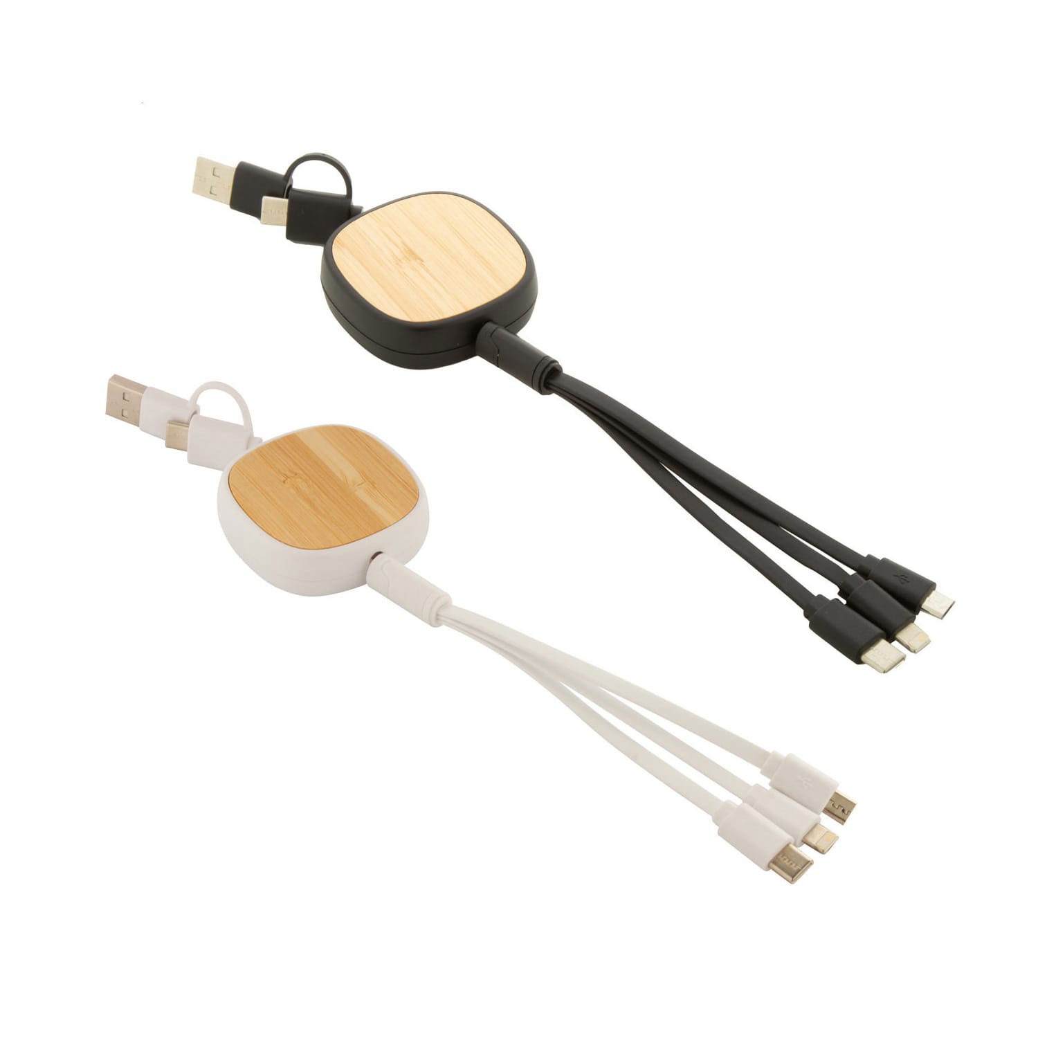 A USB charger cable set featuring telescopic design, with bamboo and recycled ABS in black and white colours. NOVA Telescopic Bamboo & Recycled ABS USB Charger Cable - Image 1
