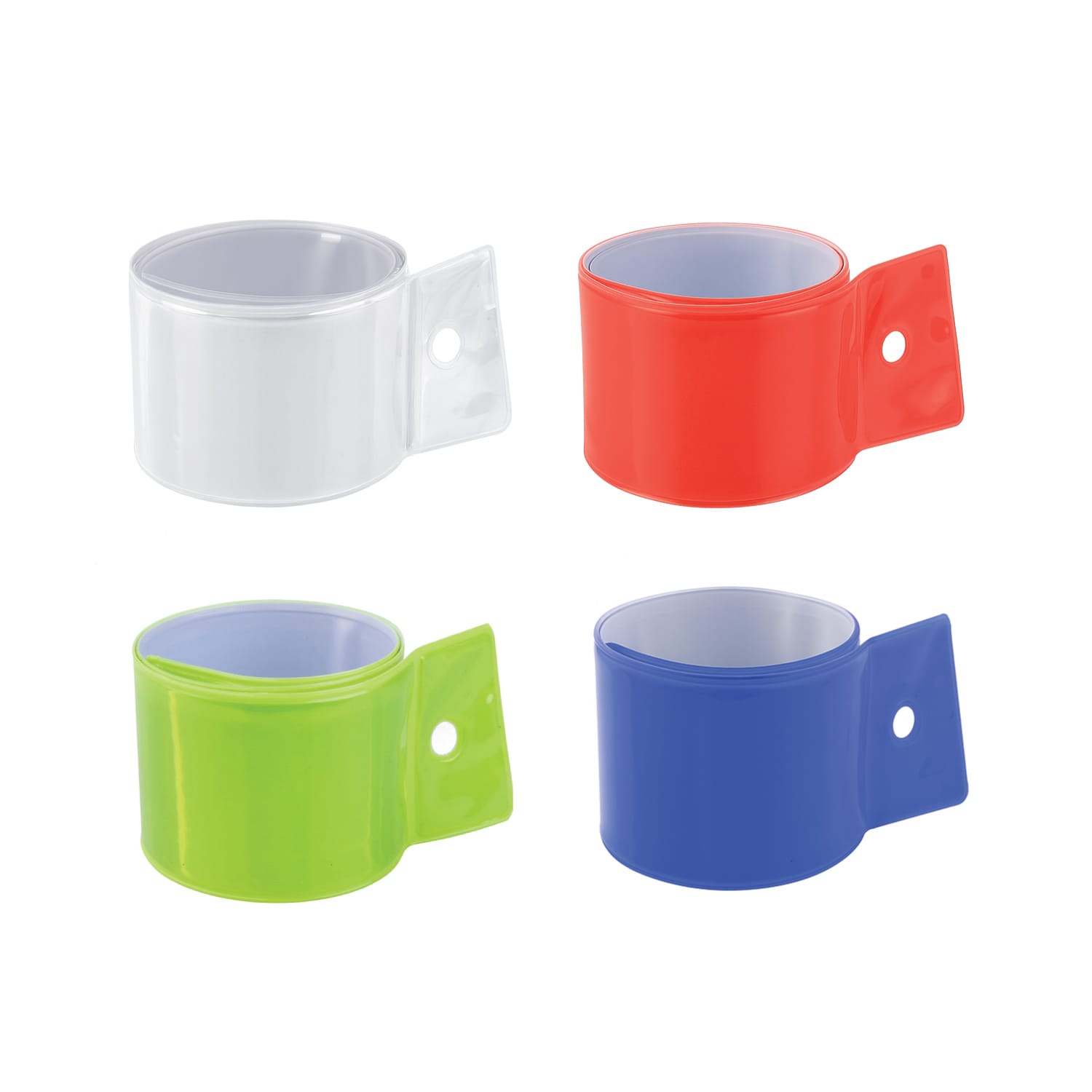 A collection of four wristbands in white, red, green, and blue, with a cut-out design and a hole for fastening. LUMEN Reflective Wrist Band - Image 1