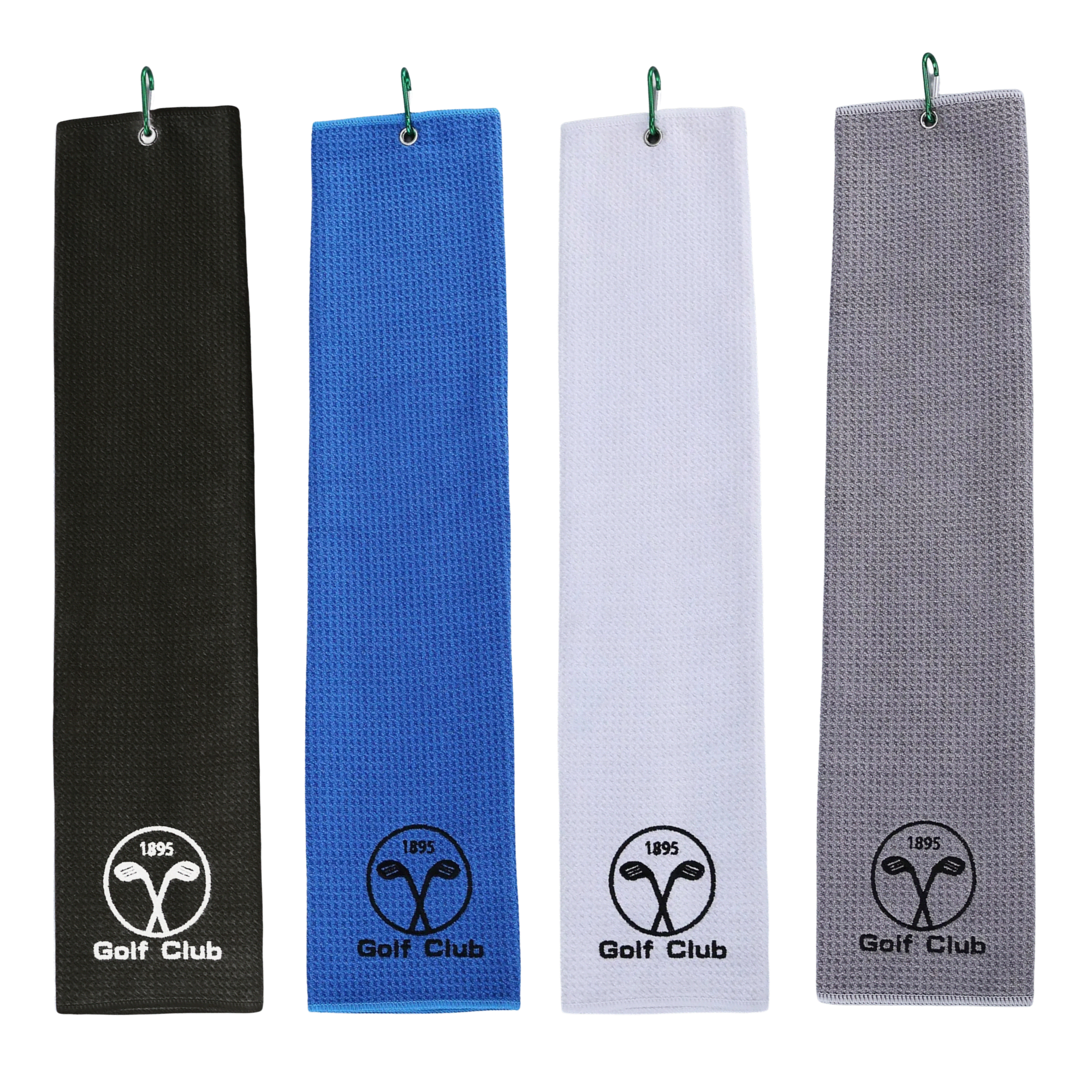 Four sandless golf towels in black, white, blue, and grey, each featuring a logo. Sandless Golf Towel - Image 1