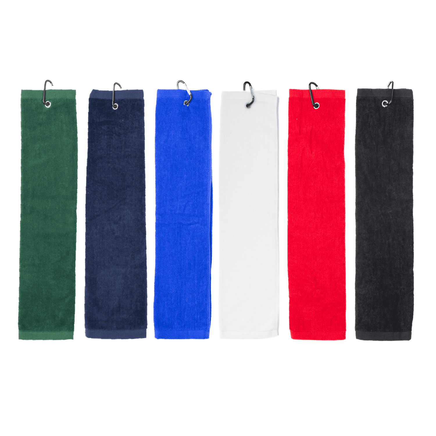 A collection of cotton golf towels in green, navy, blue, white, red, and black, each with a loop for hanging. Cotton Golf Towel - Image 1