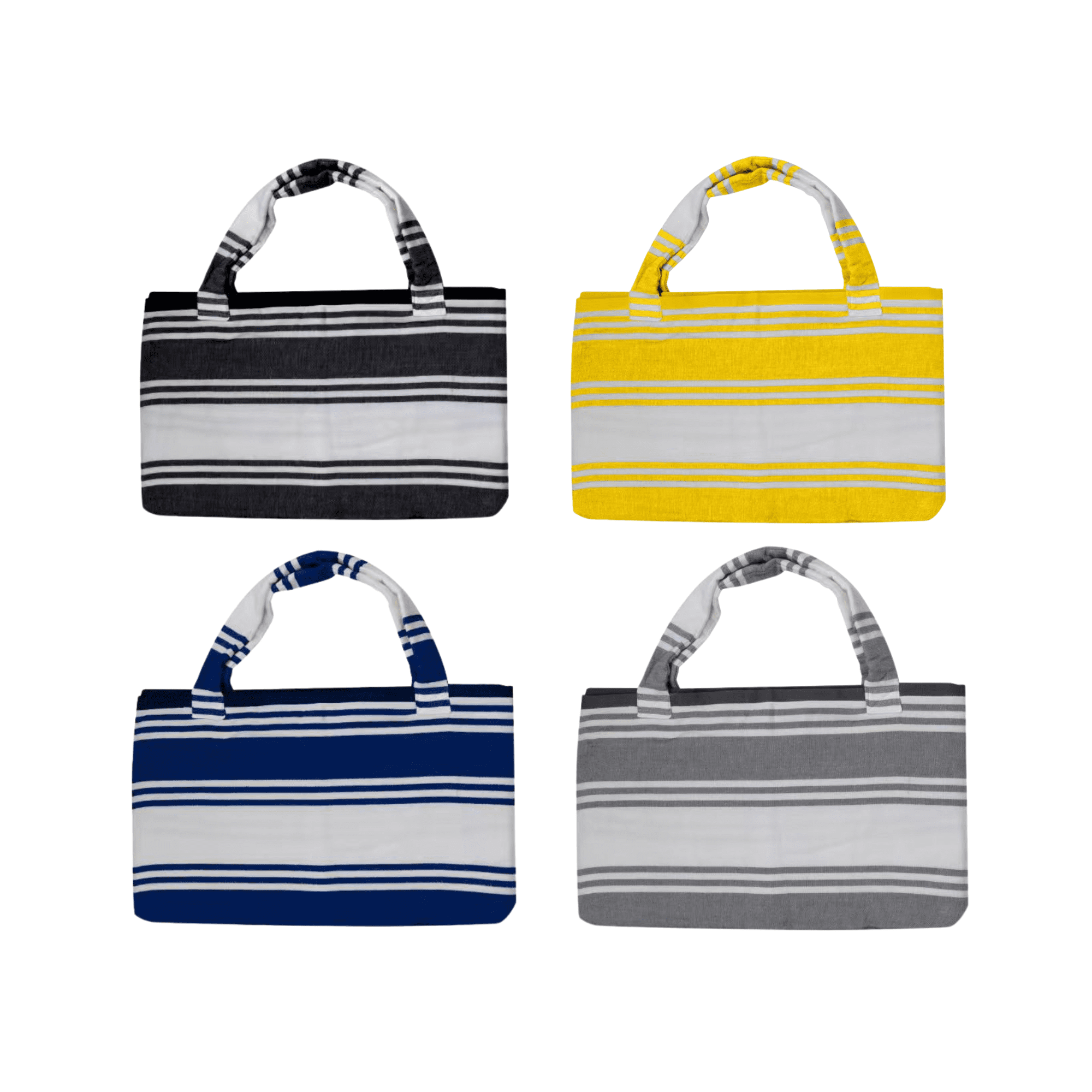 A foldable beach towel bag in four colour variations: black, yellow, navy blue, and grey, each with striped patterns. NOOSA Foldable Beach Towel Bag - Image 1