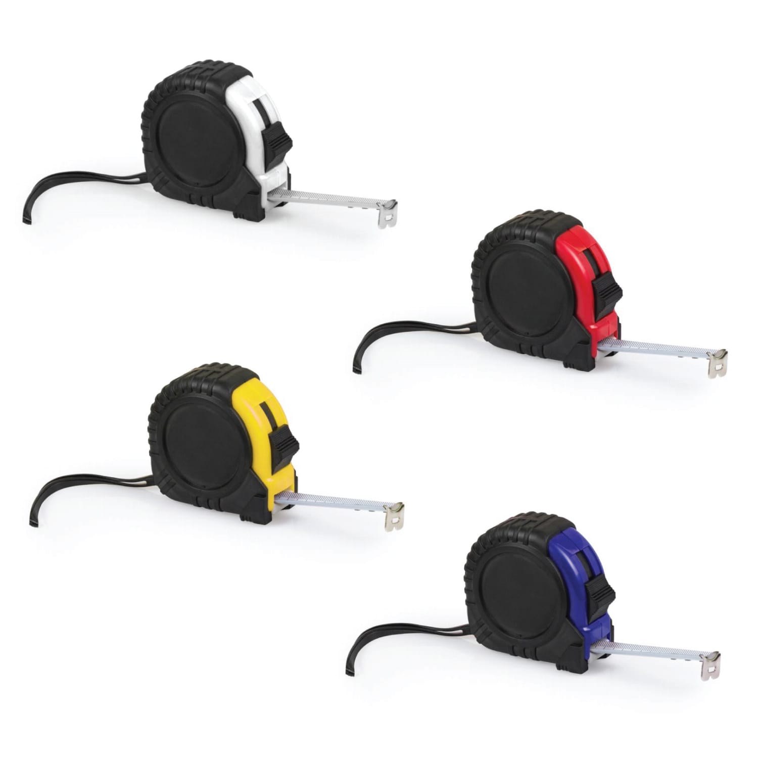 A set of four rubber-coated flexometers in white, red, yellow, and blue, with a black casing and measuring tape. CORDOBA 5 Metre Rubber-Coated Flexometer - Image 1