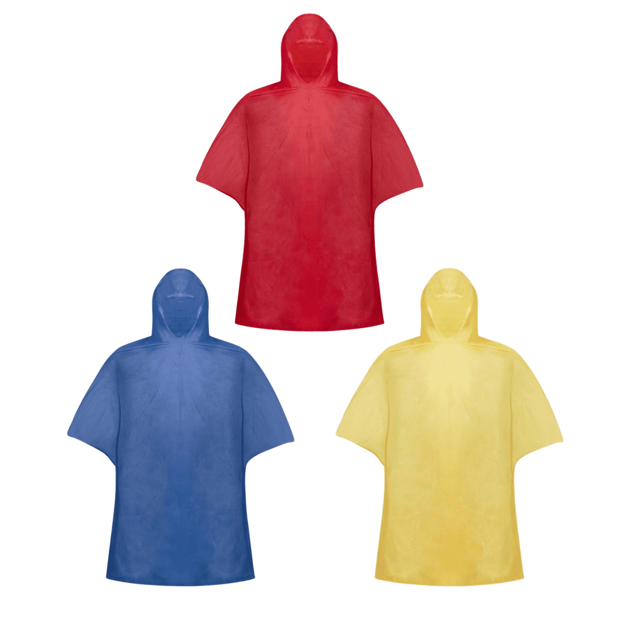 A Kira PVC poncho in red, blue, and yellow, featuring an attached hood and a logo. Kira PVC Poncho - Image 1