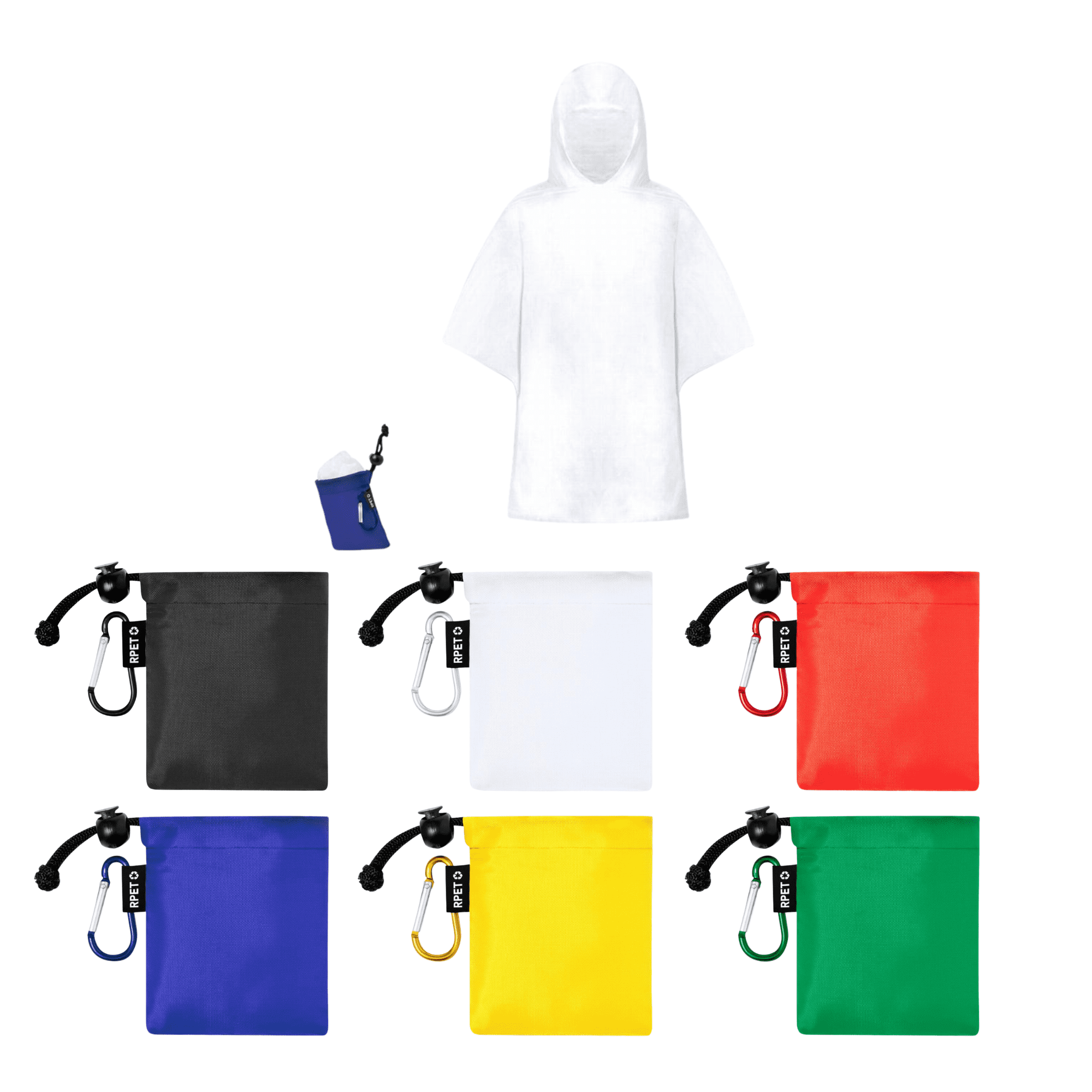 A Haze Kids Poncho in white, with a RPET pouch available in black, blue, red, yellow, and green. Logo present. Haze Kids Poncho with RPET Pouch - Image 1
