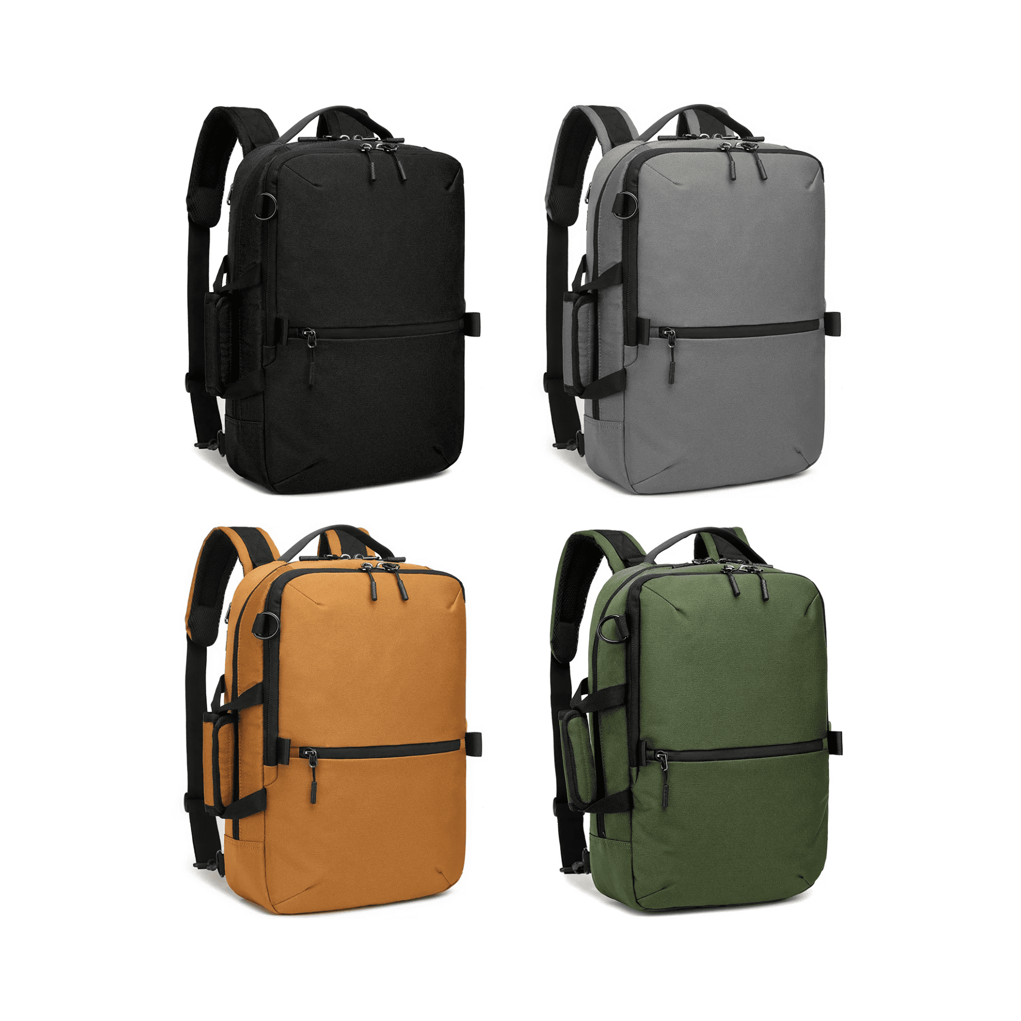 A collection of Zurich Document Backpacks in black, grey, orange, and green, each featuring a logo and multiple compartments. Zurich Document Backpack - Image 1