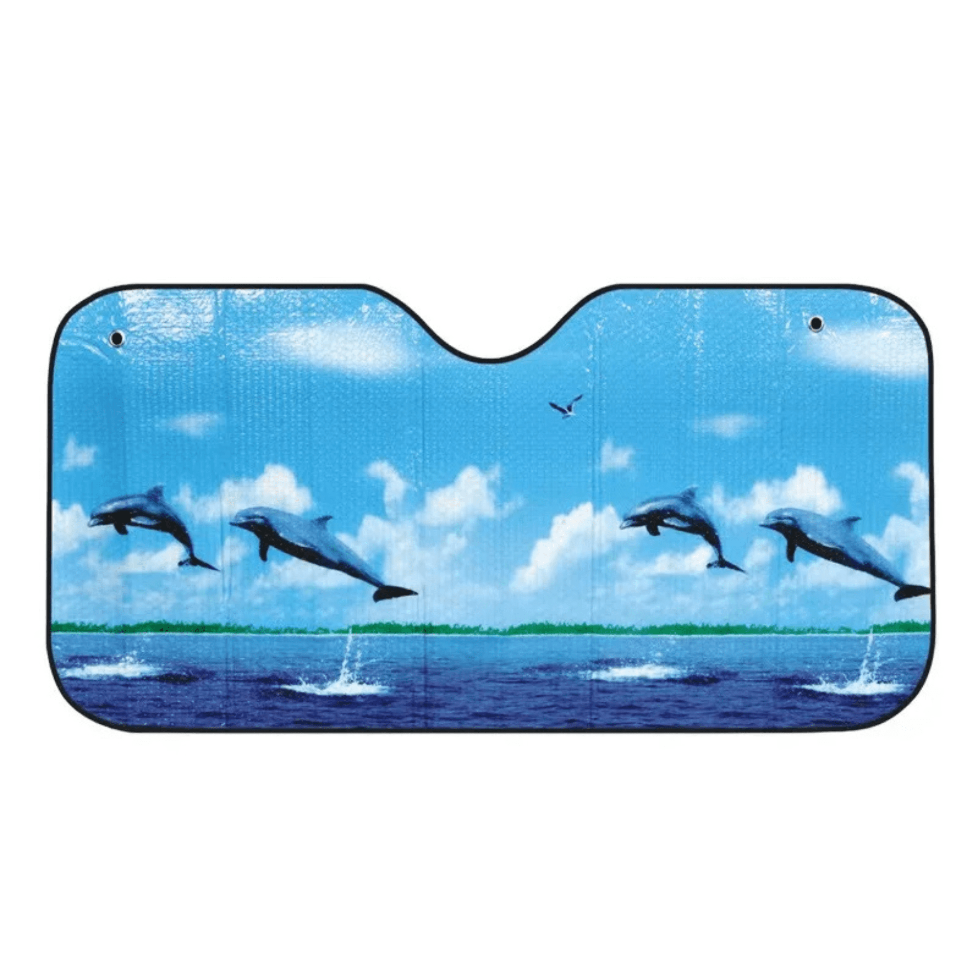 A foldable car sunshade featuring a vibrant blue ocean scene with dolphins leaping against a sky backdrop. Shadex Full Colour Foldable Car Sunshade - Image 1
