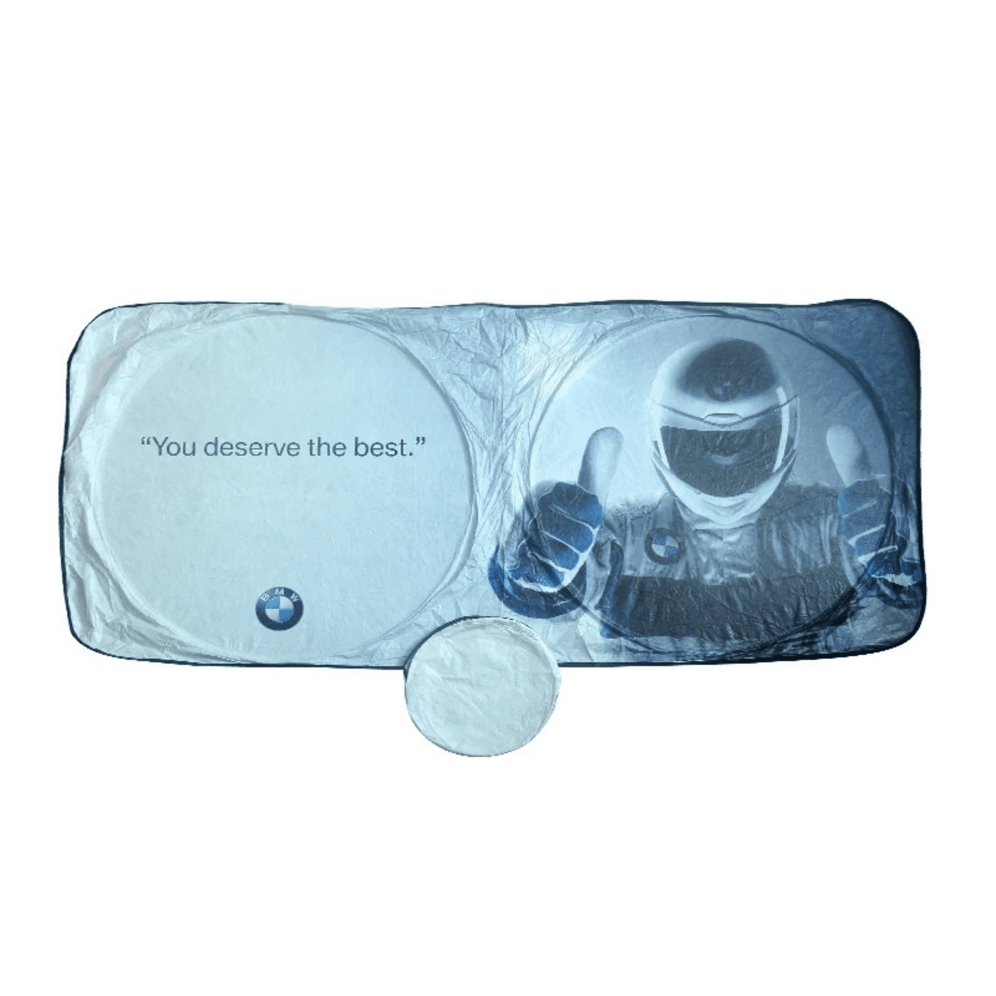 A foldable car sun visor featuring a blue and white design, with a logo and an illustration of a helmeted figure giving a thumbs up. Helios Full Colour Foldable Car Sun Visor - Image 1