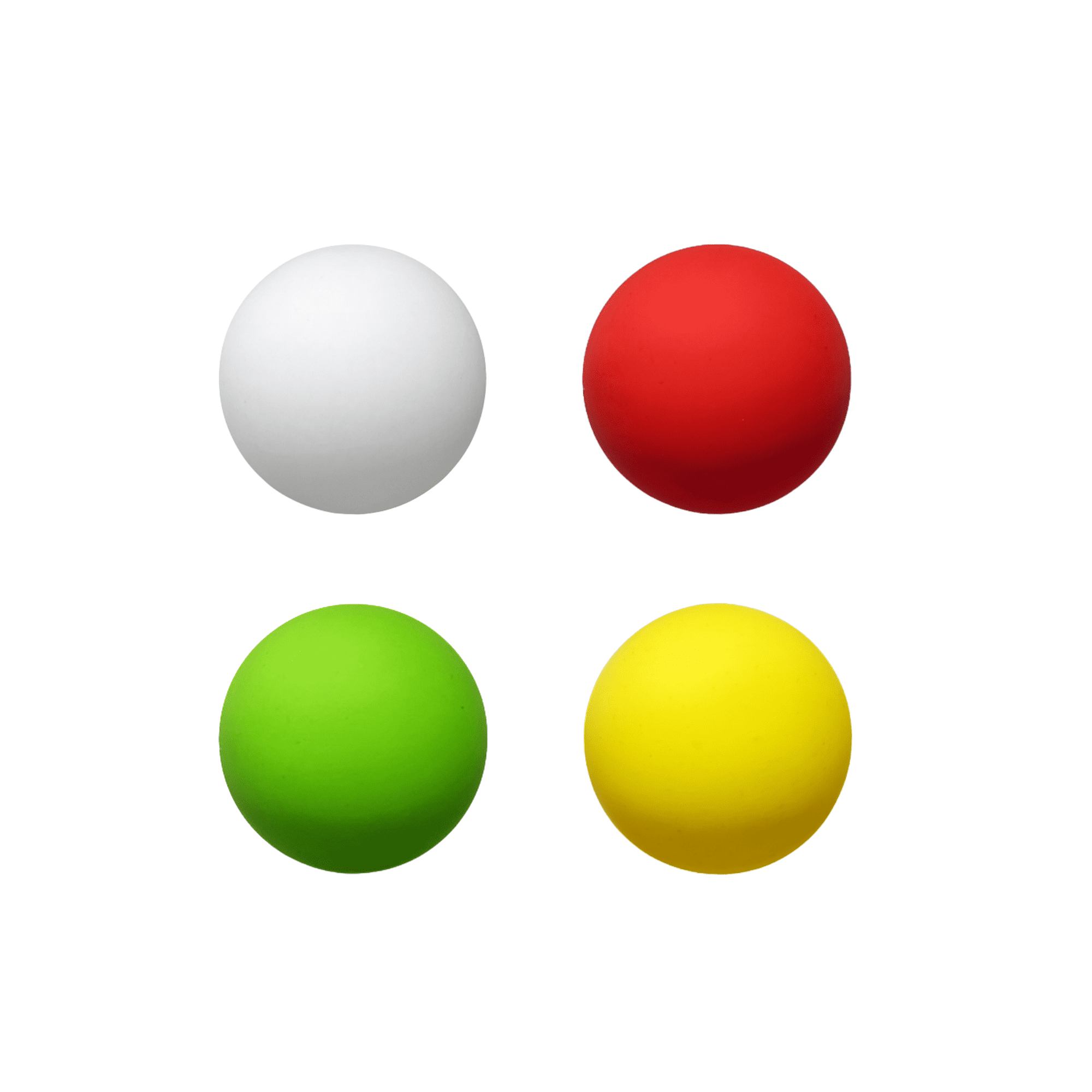 Bouncy Ball set featuring four vibrant balls in white, red, green, and yellow, each with a smooth surface and a logo. Bouncy Ball - Image 1
