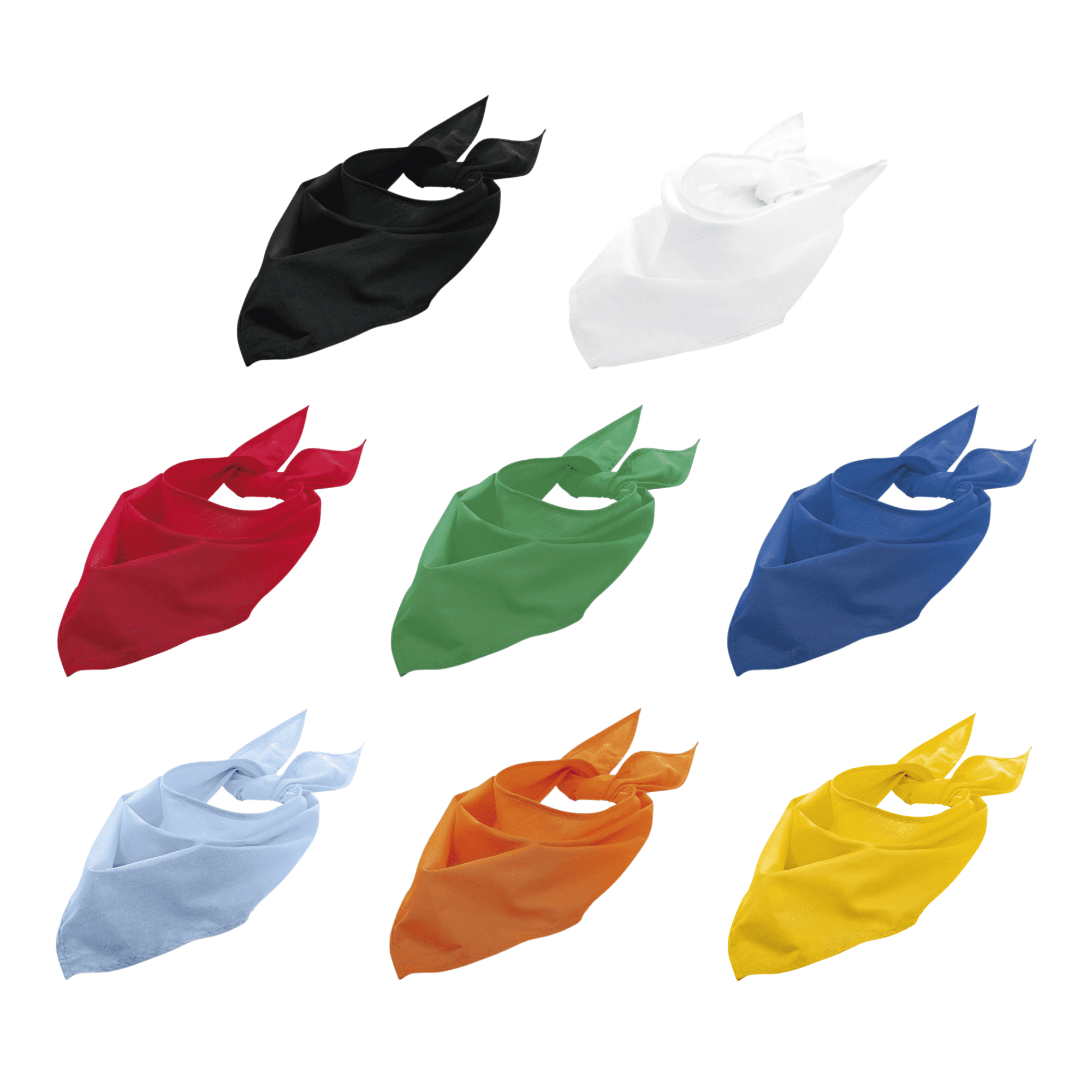 A collection of triangular bandanas in black, white, red, green, blue, light blue, orange, and yellow, each with a logo. Twistal Triangular Bandana - Image 1